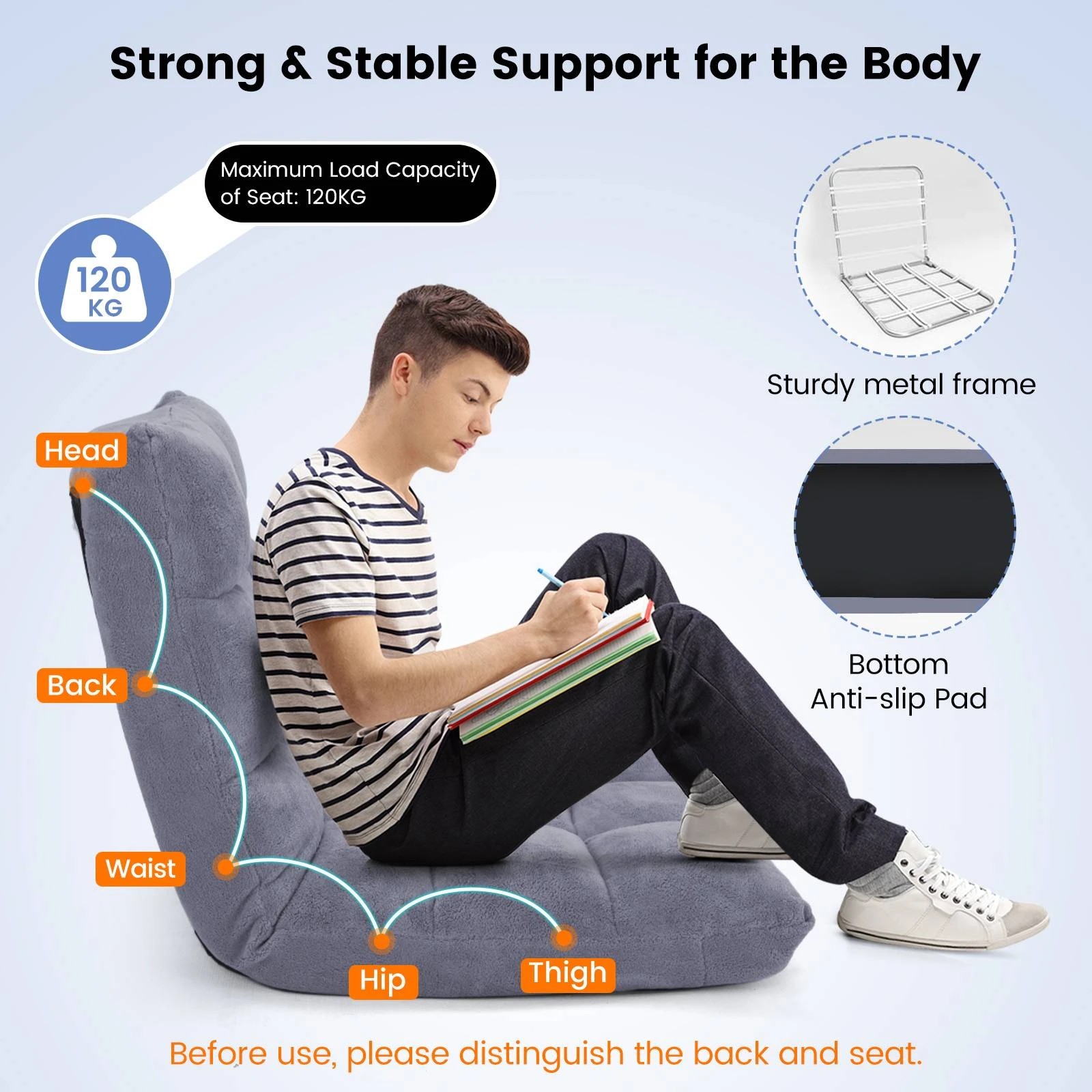 4 Costway Adjustable Floor Chair Lazy Sofa Velvet Lounge Recliner Grey, 4 of 9