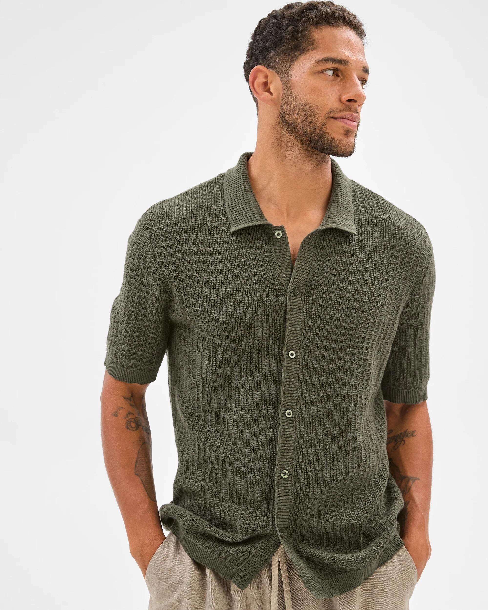 6 Australian Cotton Textured Stripe Knit Shirt - Preview KHAKI, 6 of 6