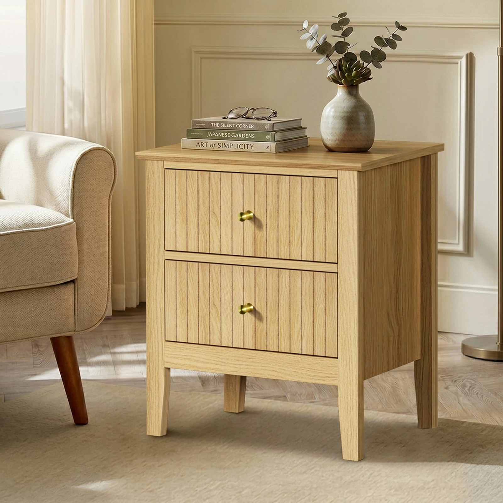 4 Oikiture Bedside Table 2 Drawers Nightstand Cabinet Gold Handle - Natural, 4 of 8