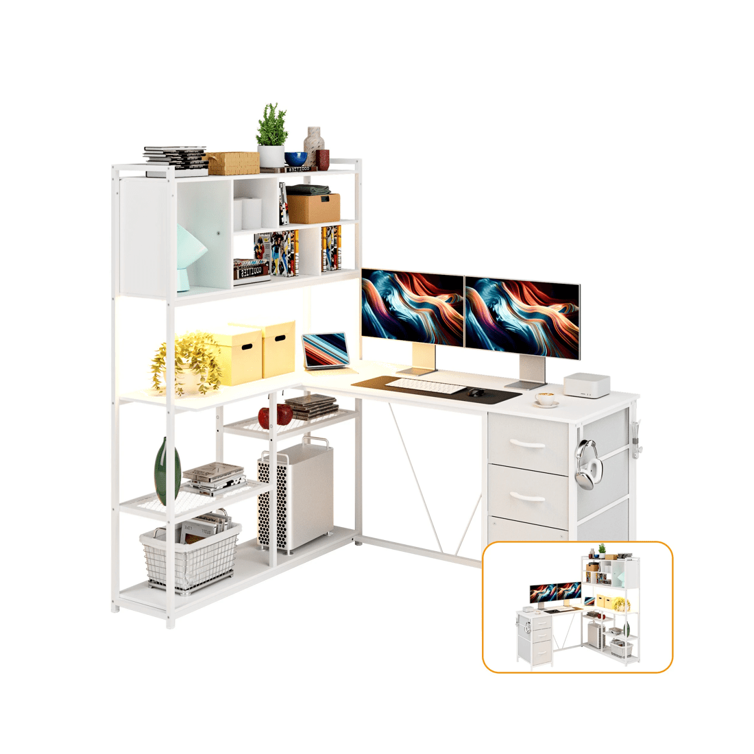 1 Advwin L Shaped Gaming Desk With Led Lights Reversible 148cm Computer Desk With 3 Drawers And Bookshelf White, 1 of 9