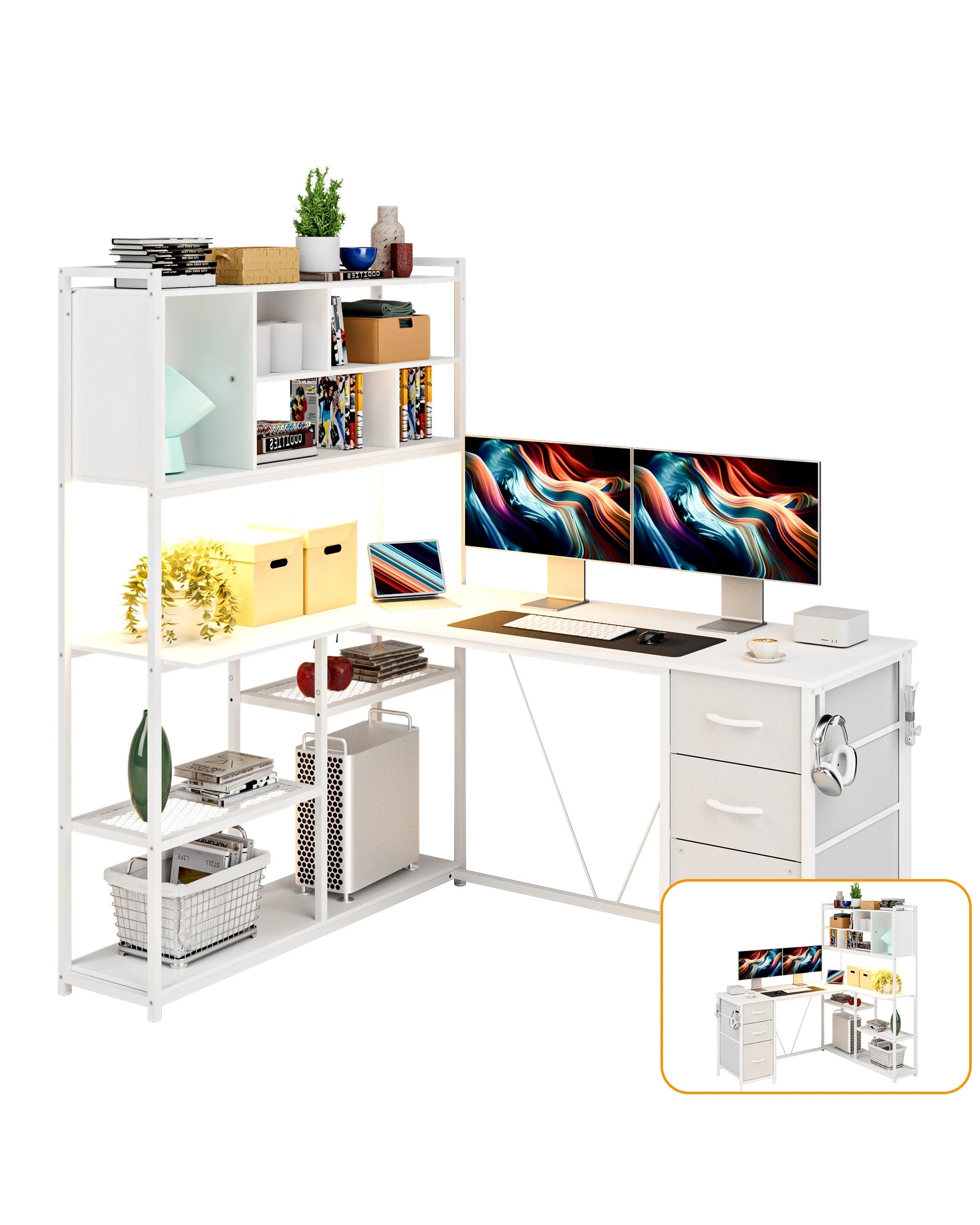 1 Advwin L Shaped Gaming Desk With Led Lights Reversible 148cm Computer Desk With 3 Drawers And Bookshelf White, 1 of 9