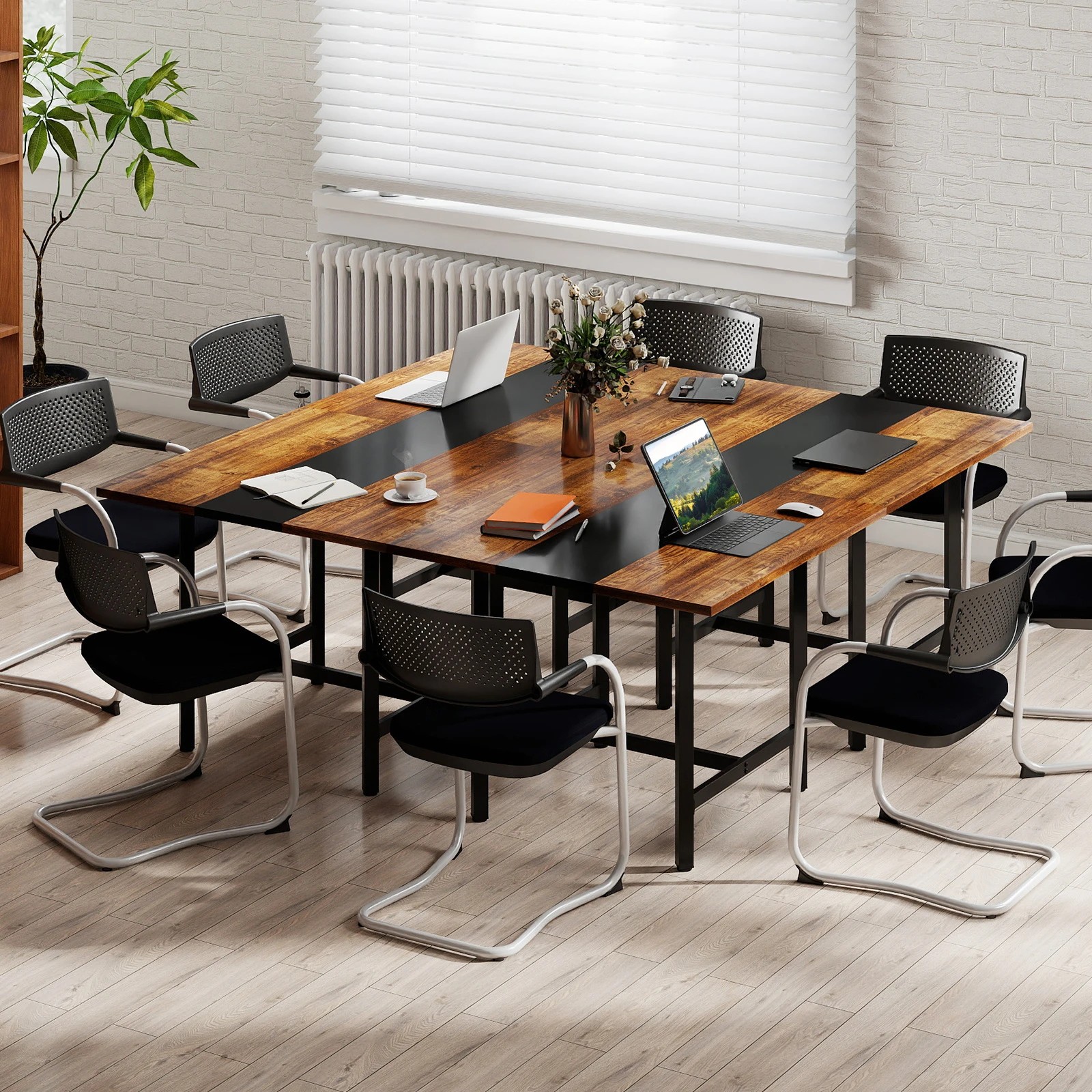 6 Costway 100cm Square Conference Table Meeting Room Seminar Table - Brown, 6 of 7