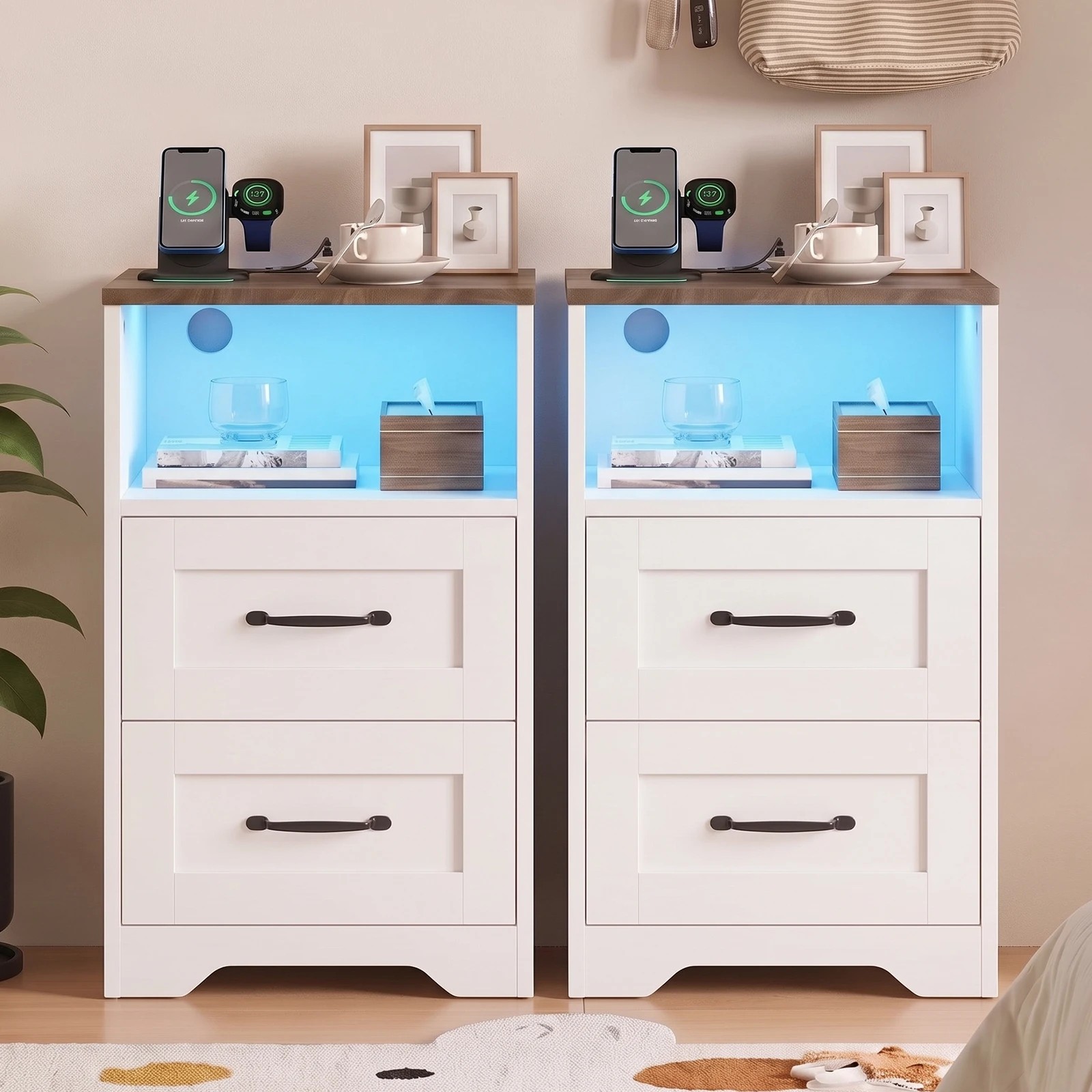 8 Advwin Set of 2 Farmhouse Bedside Table with 2 Drawers, Charging Station & LED Light - White, 8 of 8