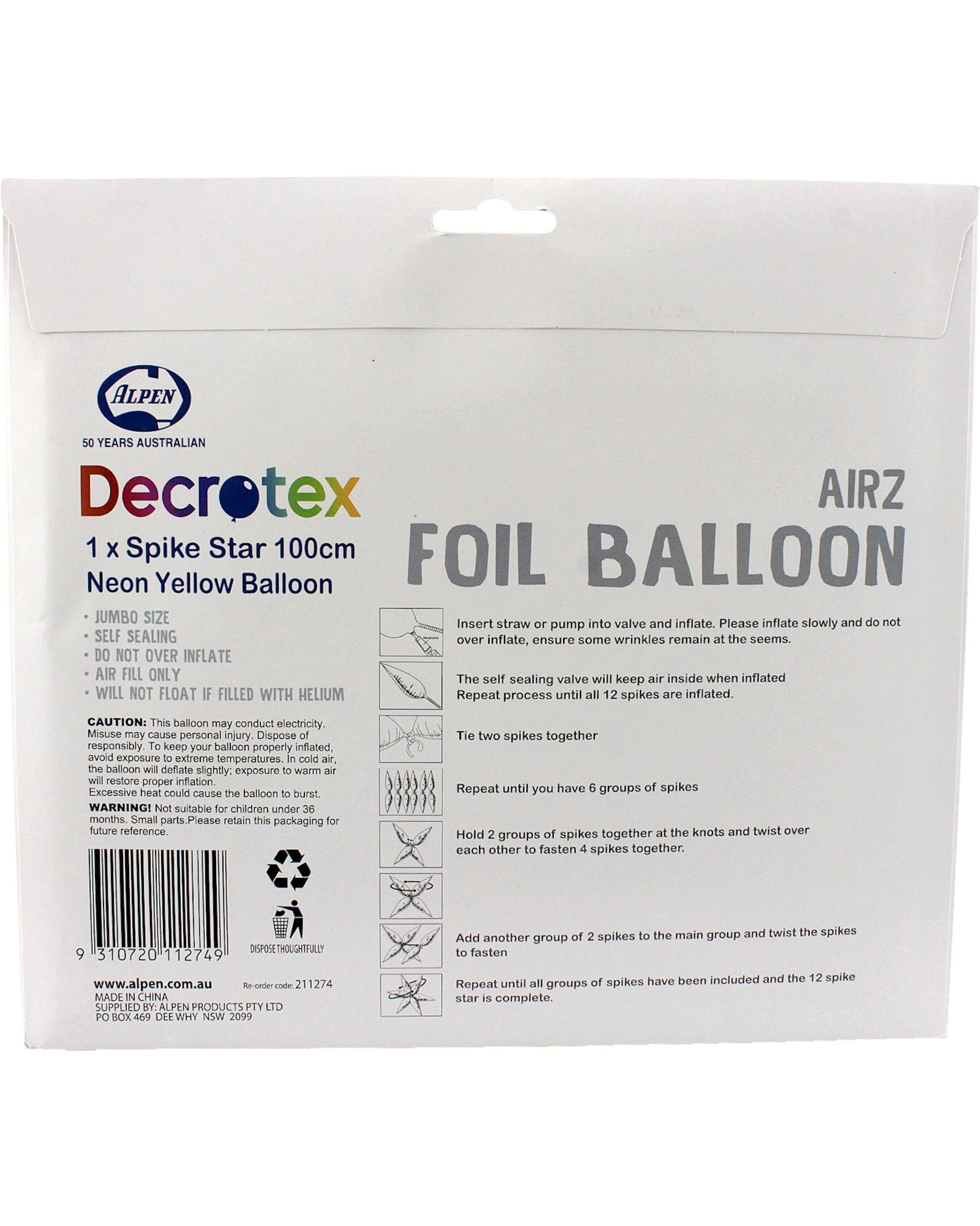 4 Alpen Neon Matte Supershape Starburst Balloon 100cm - Yellow, 4 of 4