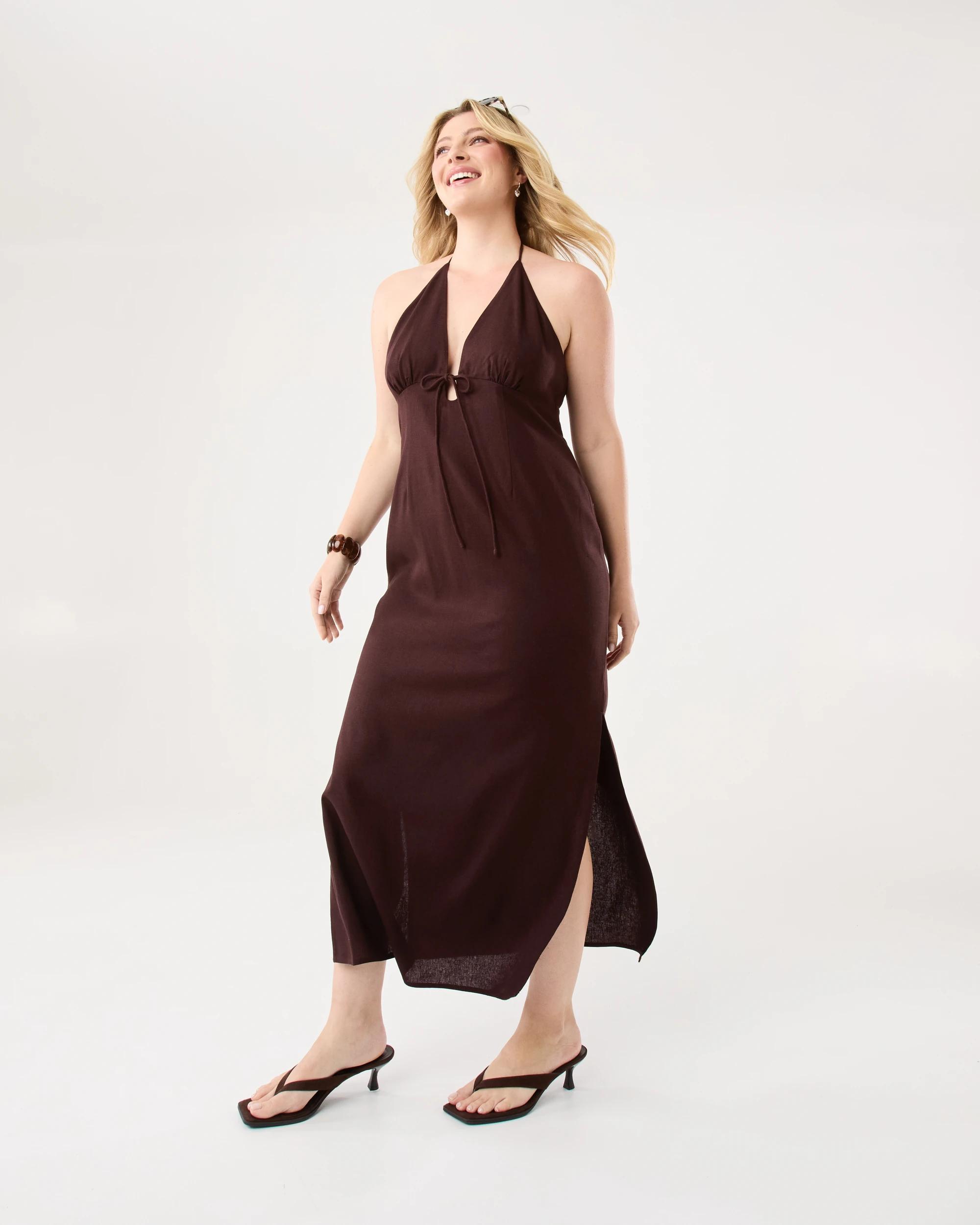 4 Sleeveless Linen Blend Maxi Slip Dress Choc Plum, 4 of 9