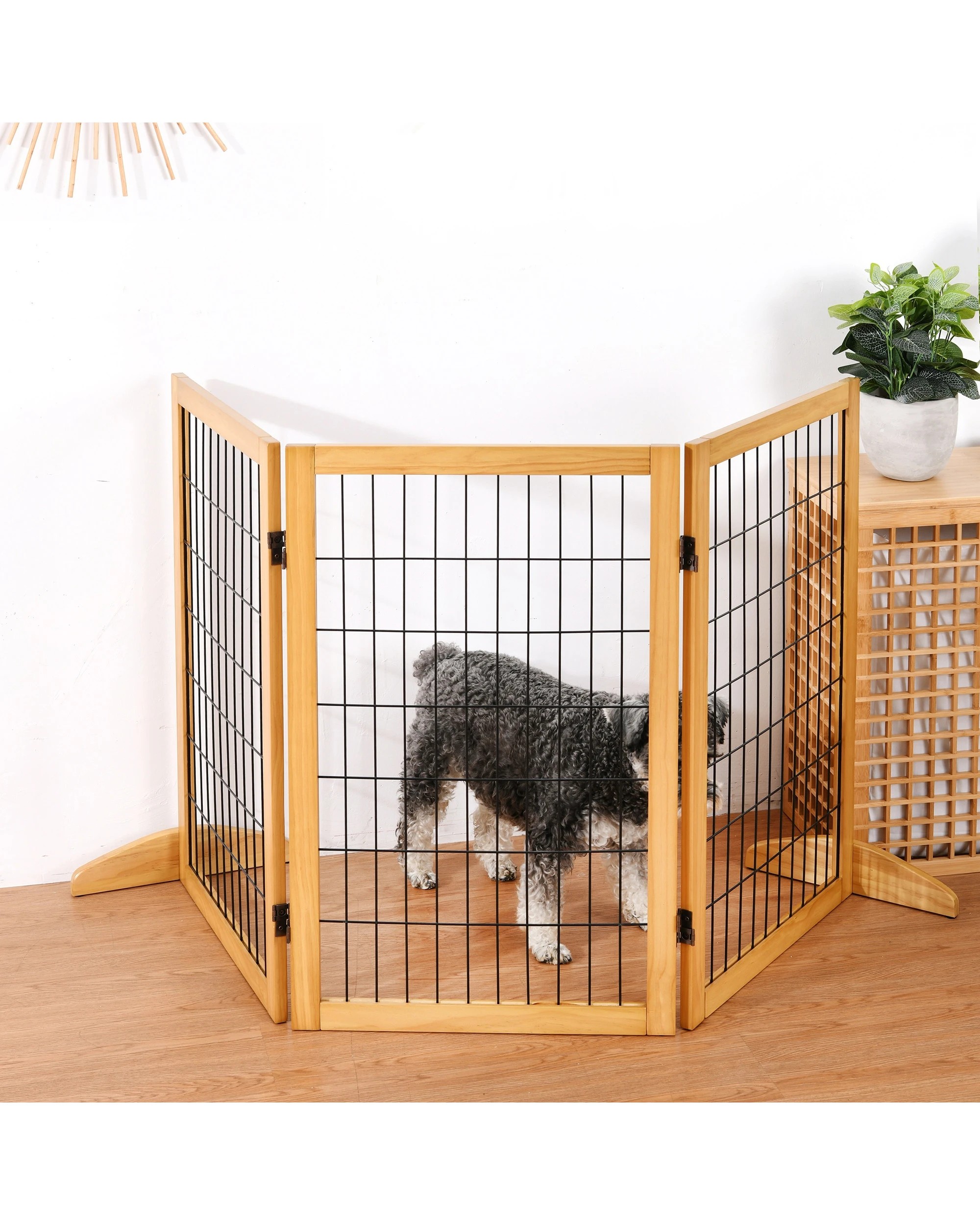 1 Charlie's Nature Freestanding Wood/Metal Pet Gate Natural Pinewood 3 Panel - Natural and Black, 1 of 5