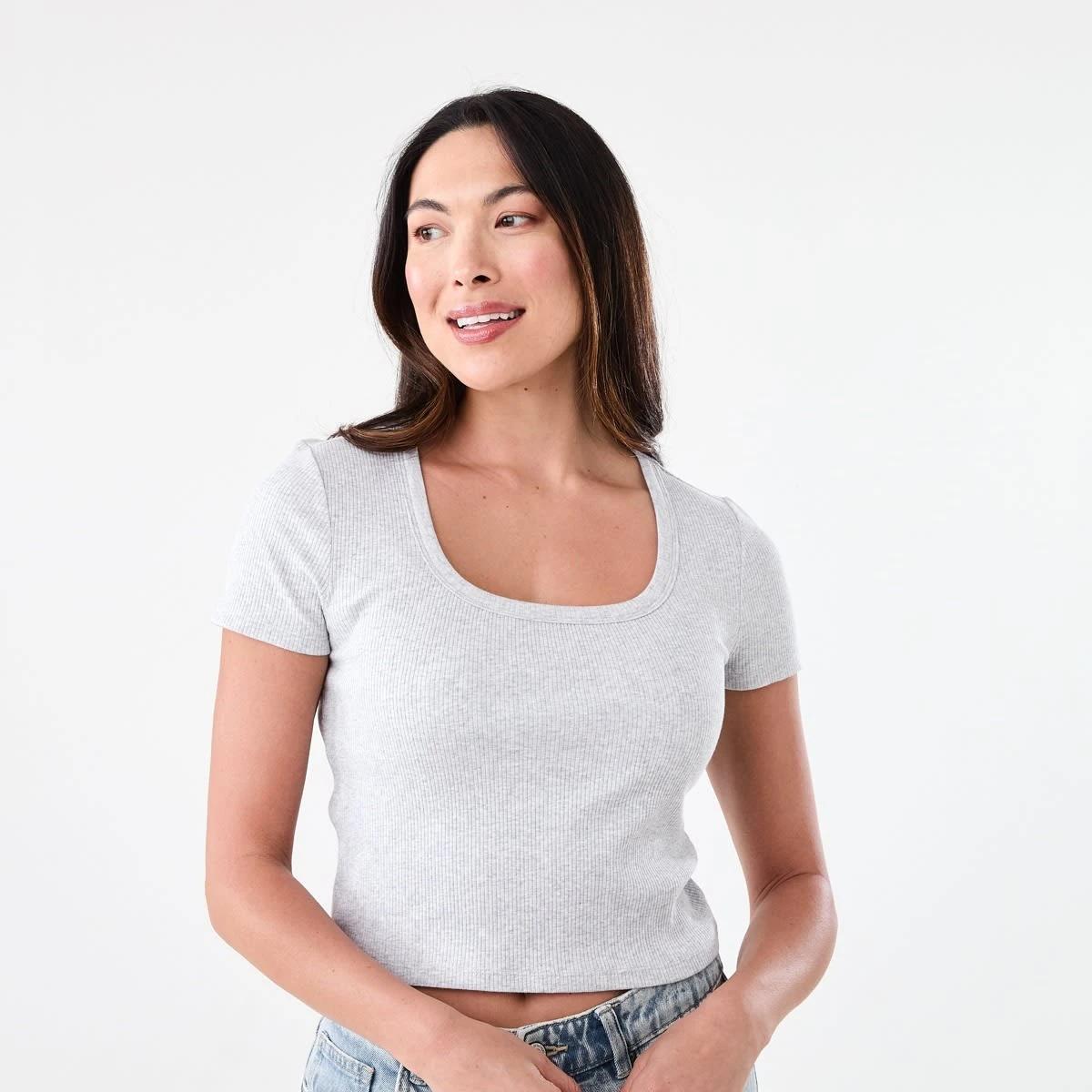 1 Short Sleeve Rib Square Neck T-shirt Slvr Marle, 1 of 5