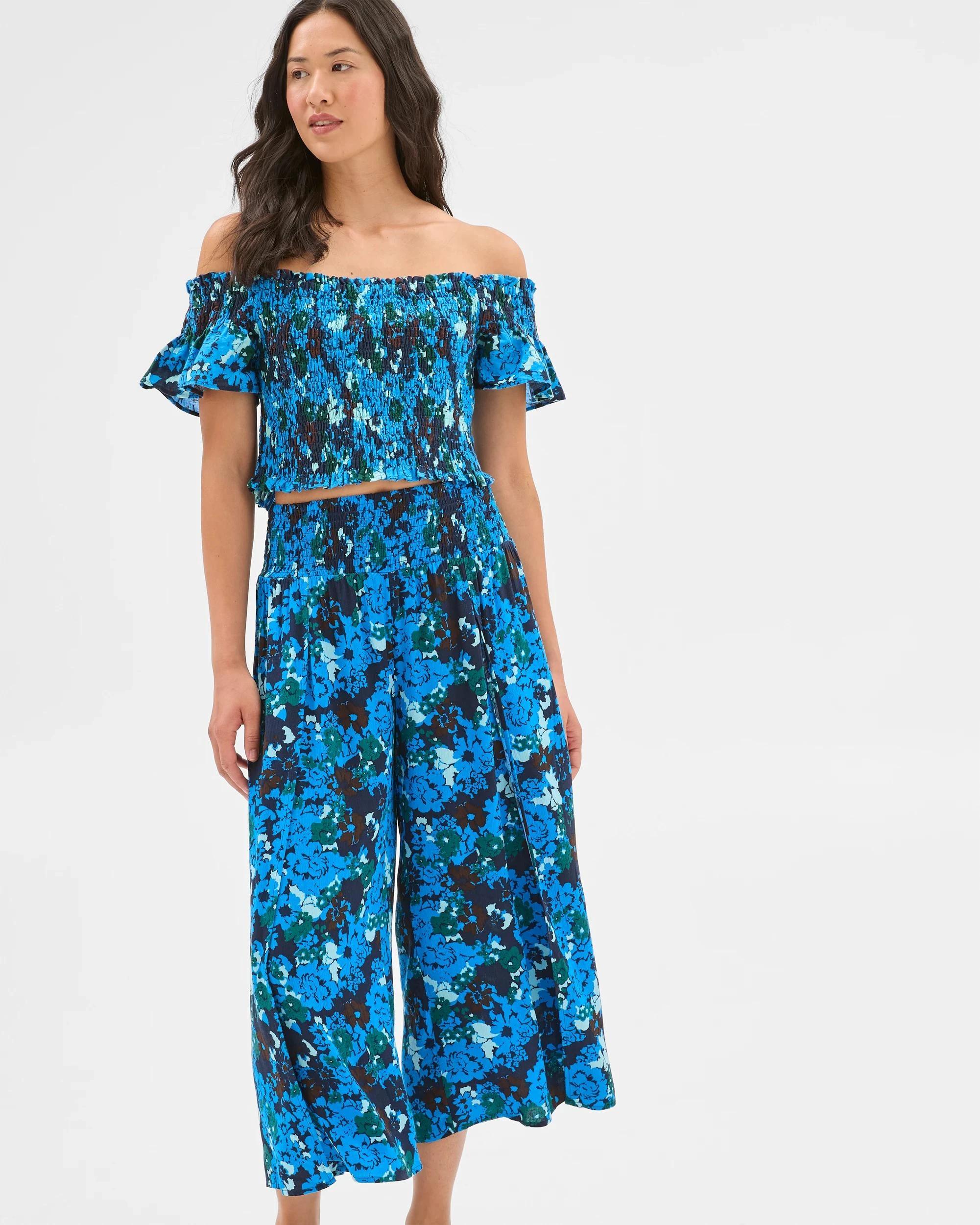 1 Target Resort Shirred Crop Top BLUE PRINT, 1 of 6