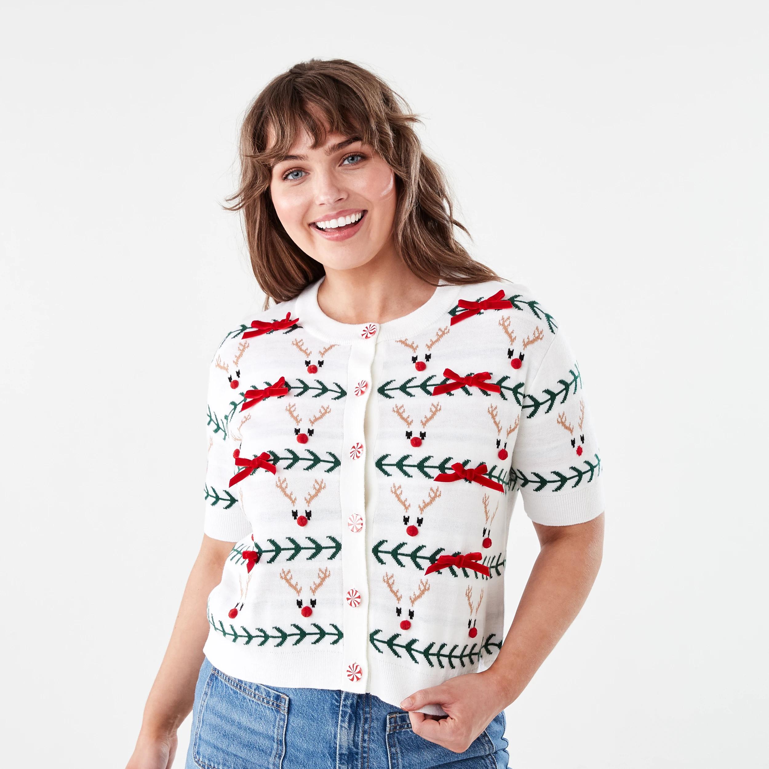 1 Short Sleeve Christmas Cardigan XMAS DEER ECRU, 1 of 7