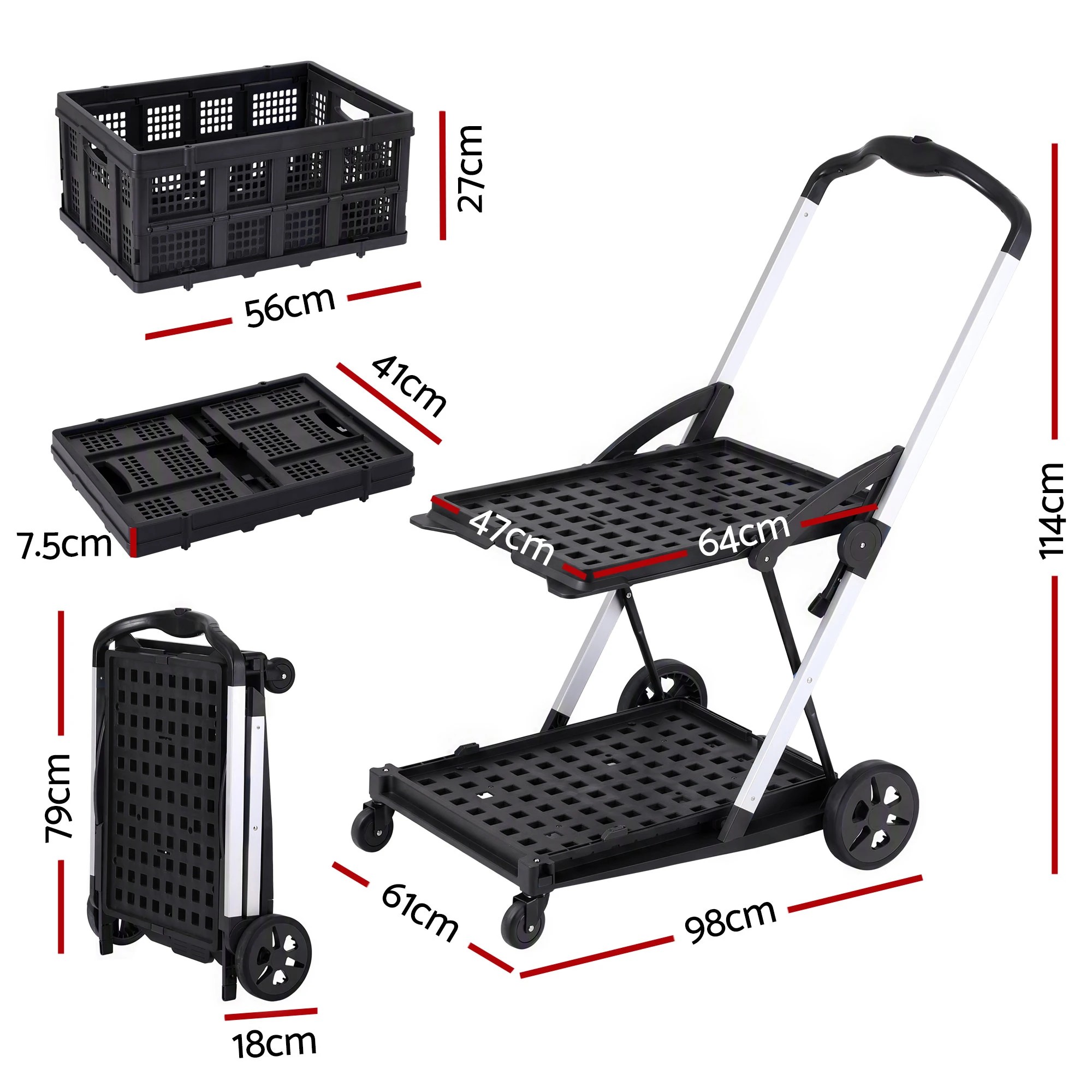 2 Artiss Shopping Trolley with Wheel 2 Layer w/2 Crates Foldable Trolley Cart for Grocery 90kg Weight Capacity - Multi, 2 of 10