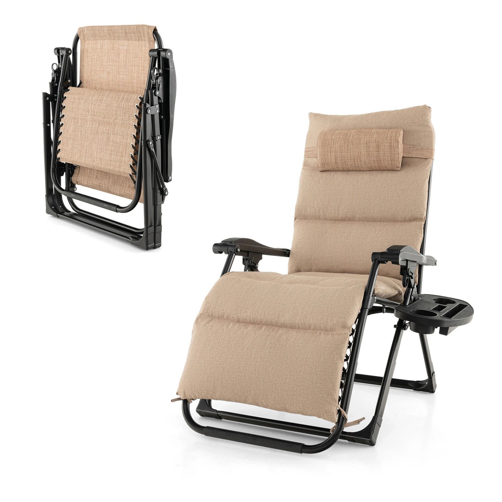 1 Costway Outdoor Sun Lounge Folding Recliner Adjustable Zero Gravity Chair w/Cup Holder - Beige, 1 of 1