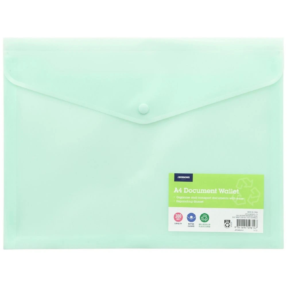 1 J.Burrows A4 Button Document Wallet Nephrite, 1 of 5