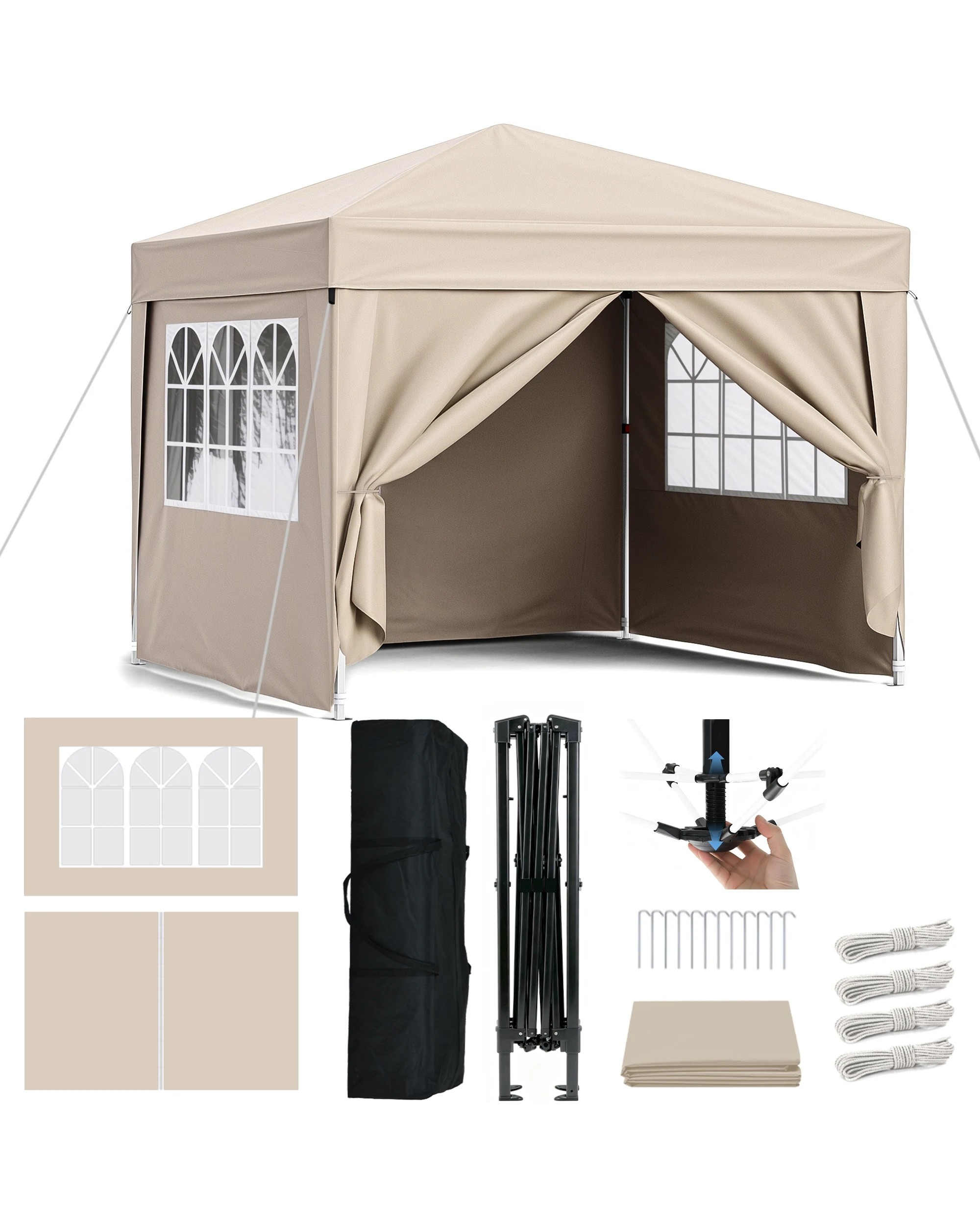 1 Advwin Gazebo Marquee 3x3m Folding Pop-up Canopy with Sidewalls - Beige, 1 of 8