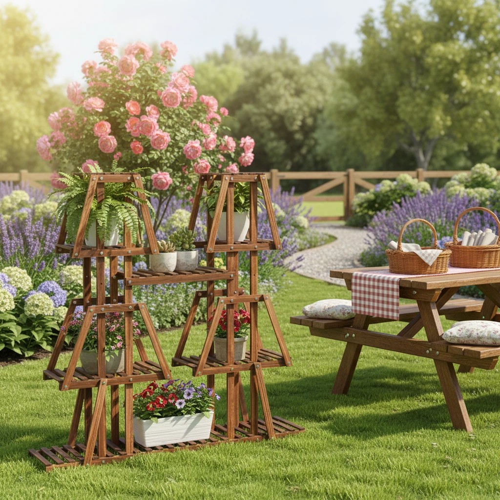 2 Costway 5-Tier Wood Plant Stand Trapezoid Flower Pots Rack Display Shelves, 2 of 2