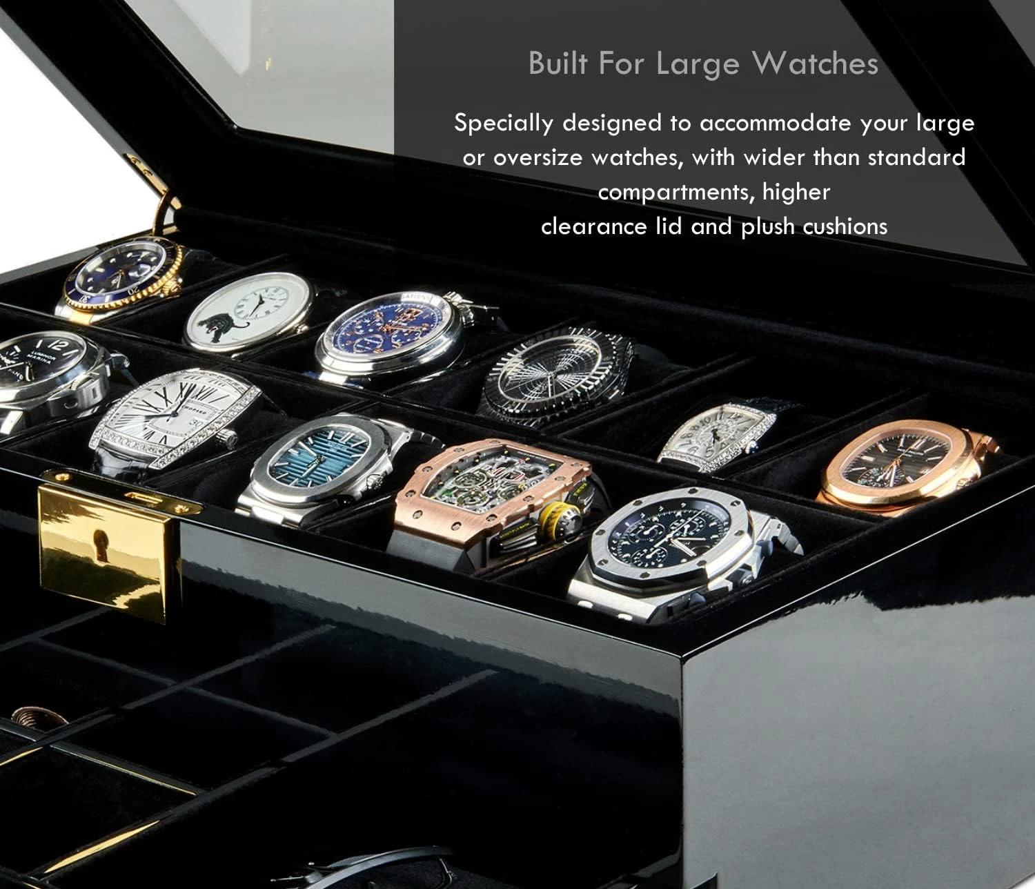 8 HAWK & GABLE 12 Slot Watch Box Organizer with Drawer Luxury Piano Finish Case PIANO BLACK, 8 of 9