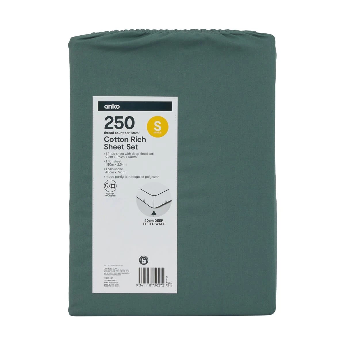 7 250 Thread Count Cotton Rich Sheet Set - Single Bed, Teal, 7 of 7