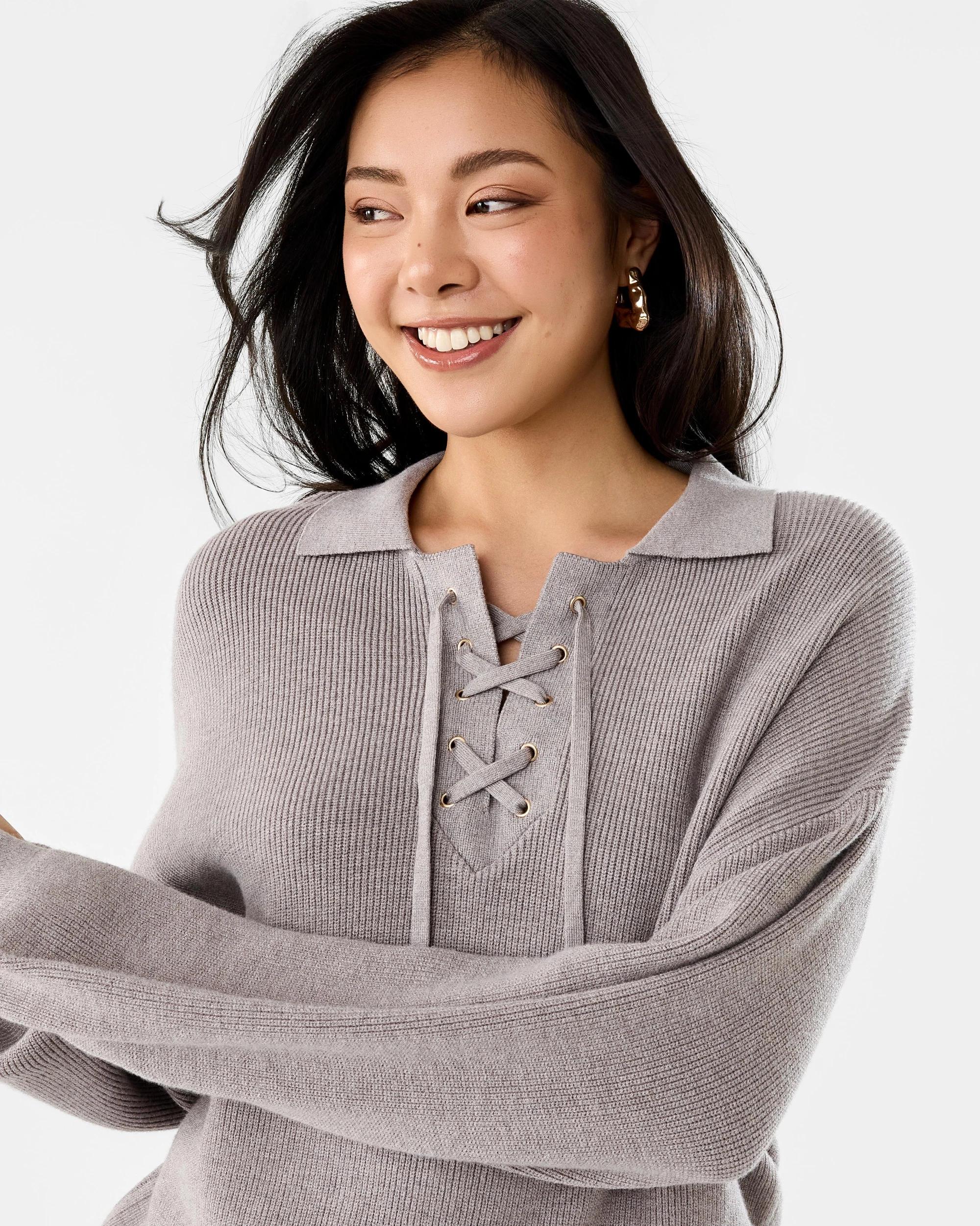 5 Lace Up Rib Jumper Grey Taupe, 5 of 7