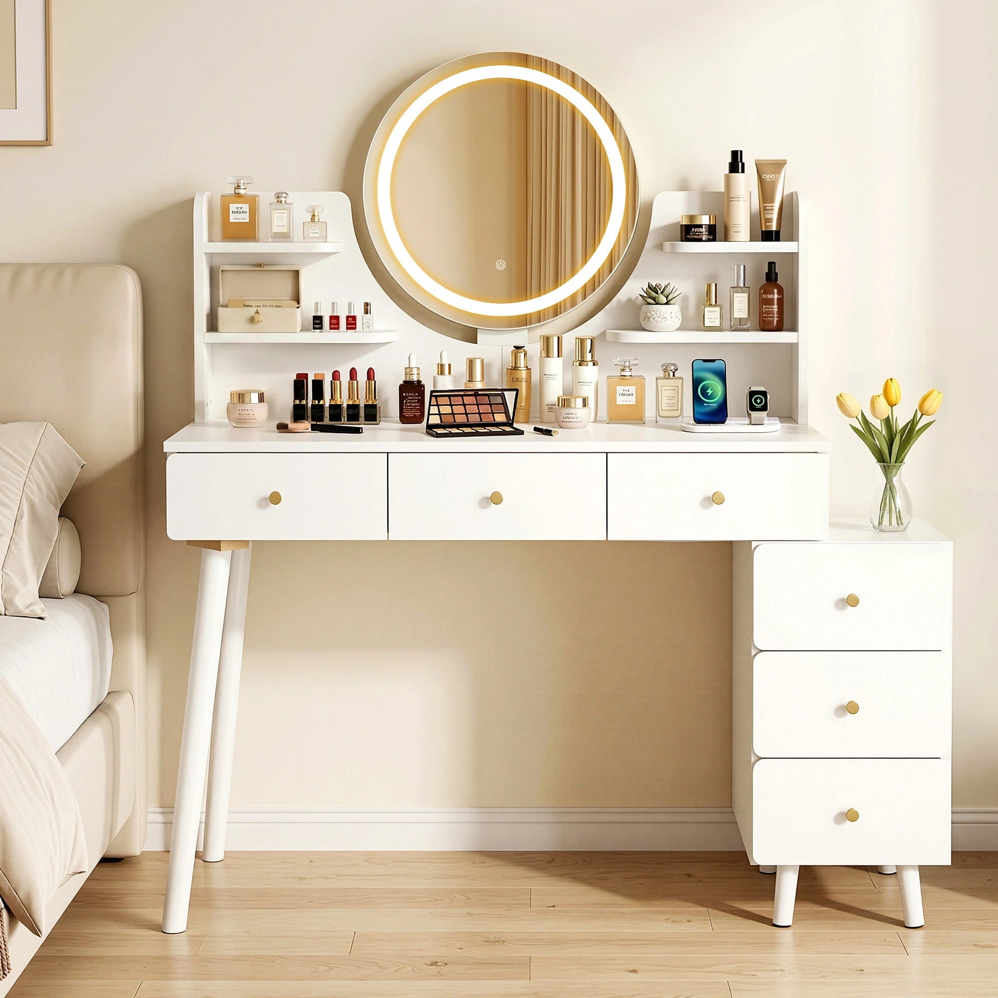 10 Artiss Dressing Table Charging Station Extendable LED Vanity Desk Mirror Storage Drawer - White, 10 of 10