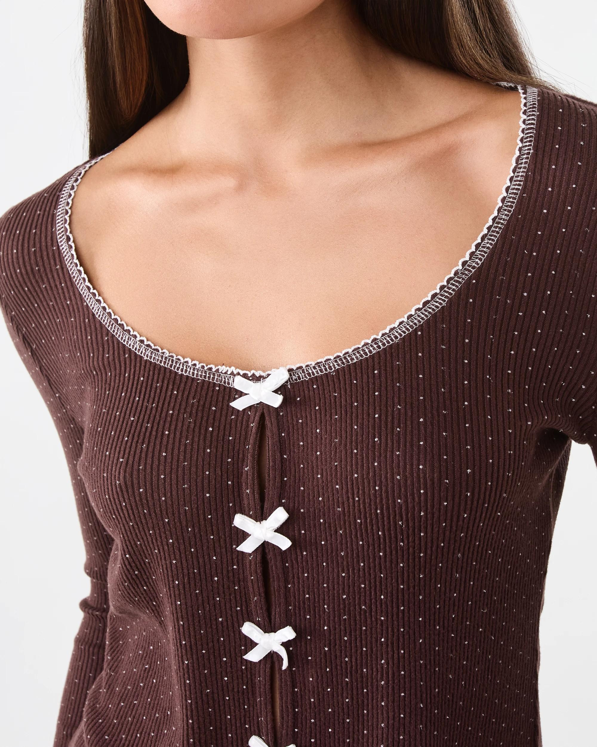 6 Long Sleeve Brushed Rib Bows Top Spot Choc, 6 of 7