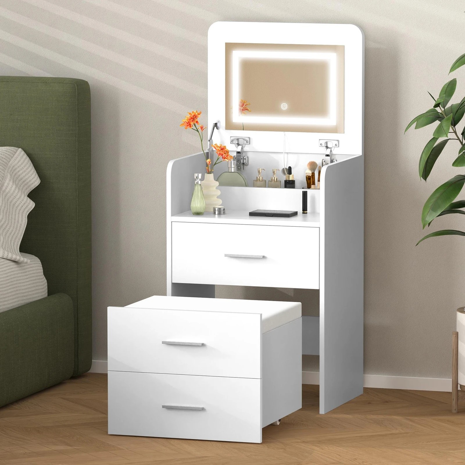 2 Alfordson Dressing Table Stool Set 2-In-1 Makeup Mirror Vanity Desk - White, 2 of 9