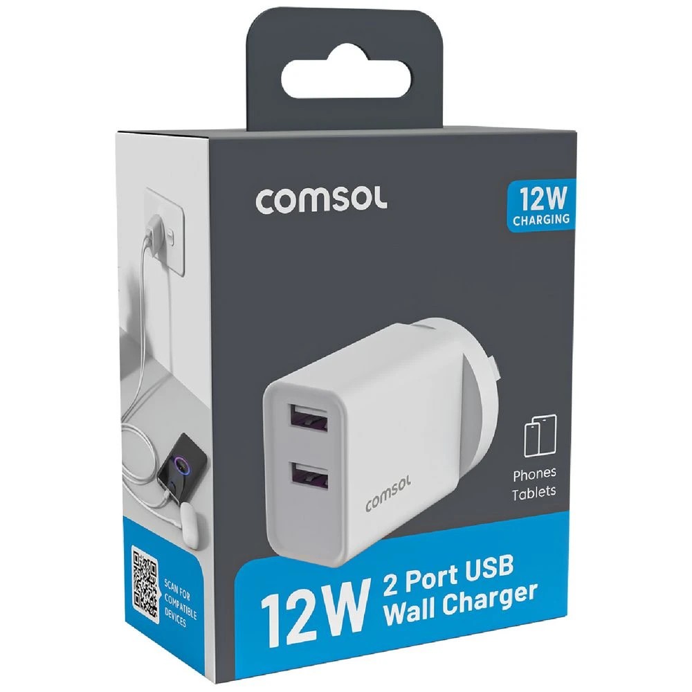 2 Comsol 12W Dual Port Wall Charger White, 2 of 5