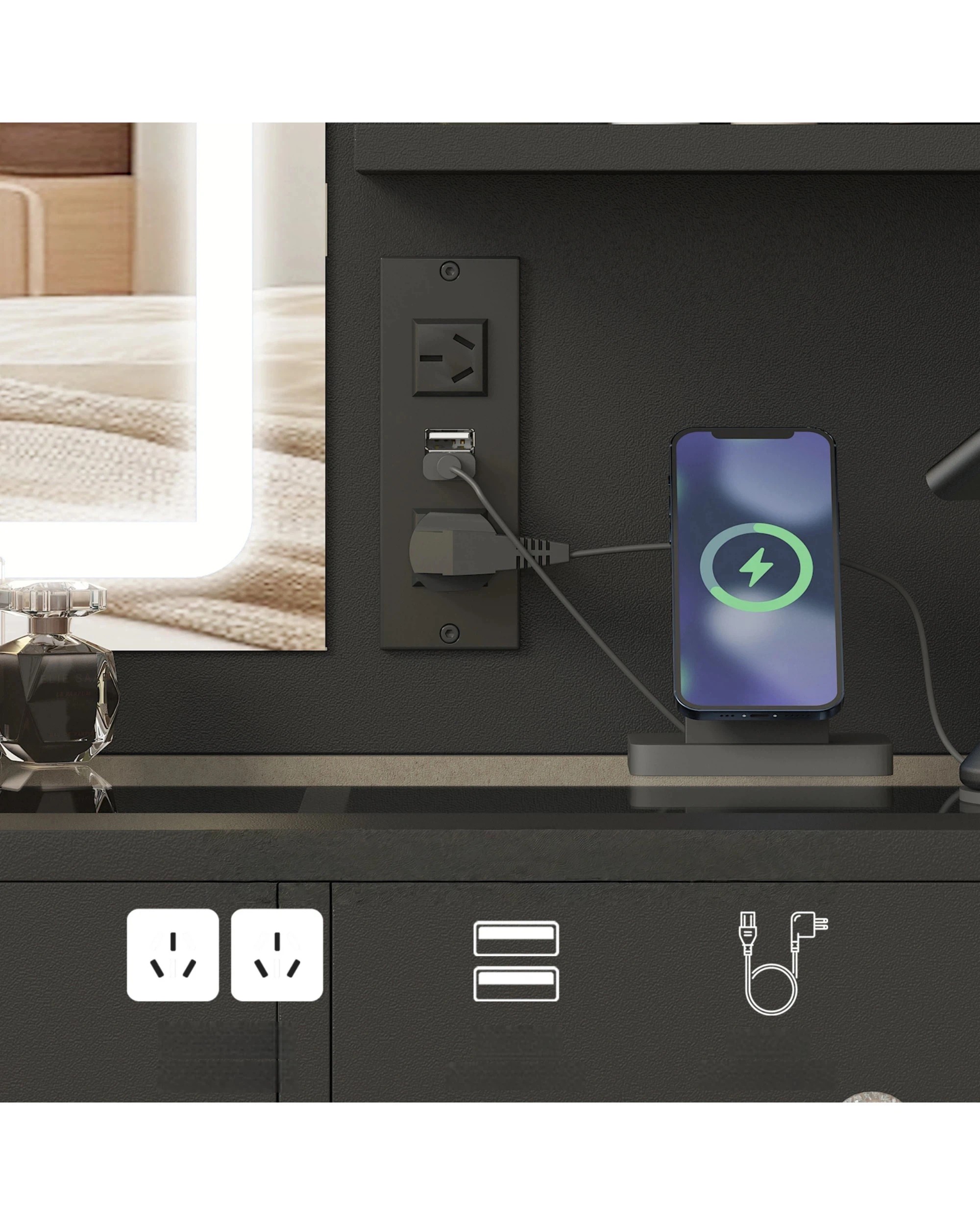 6 Advwin Dressing Table Set LED Light Glass Top - Black, 6 of 6