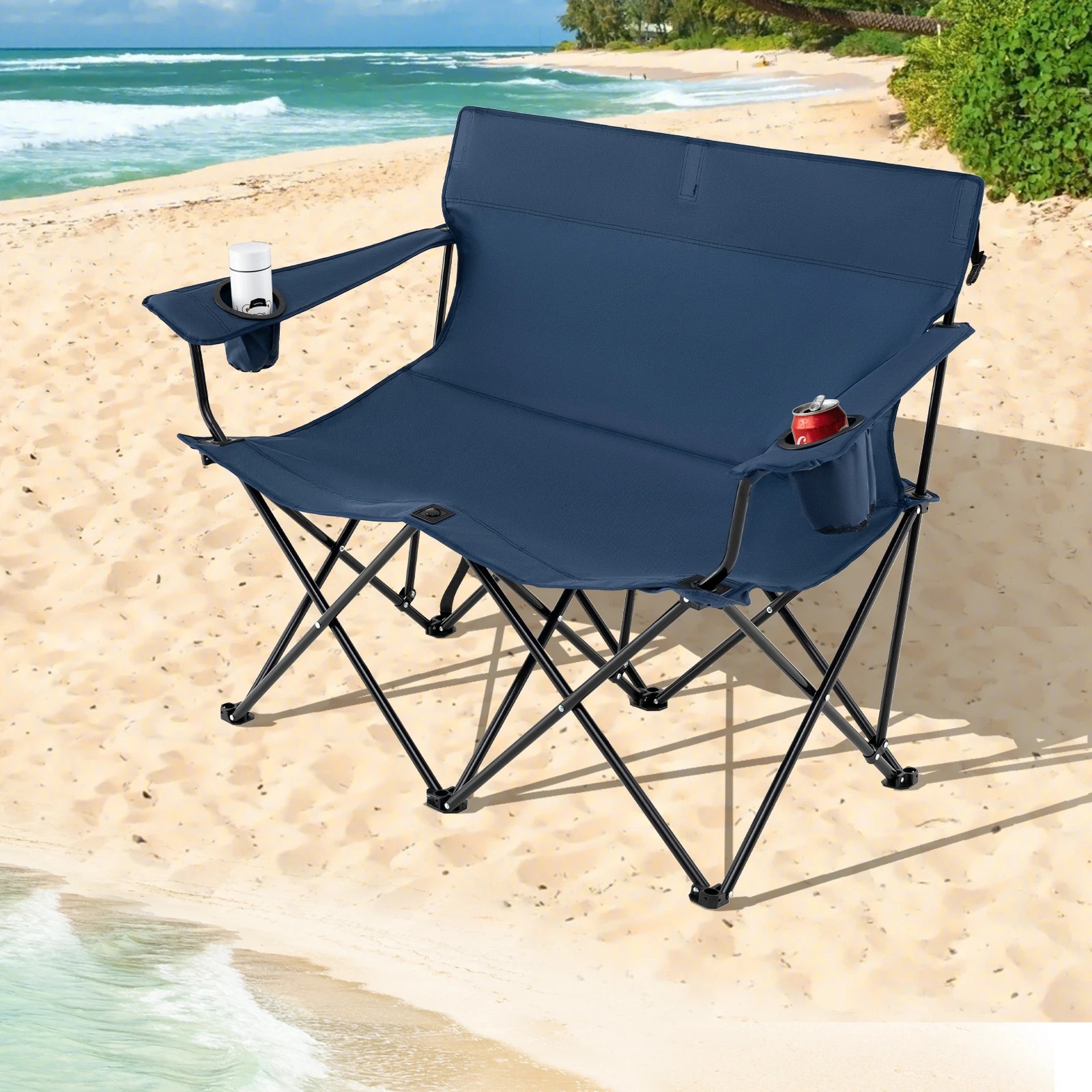 2 Costway Double Camping Chair 2-Person Portable Outdoor Folding Love Seat w/Cup Holders & Armrests - Blue, 2 of 3