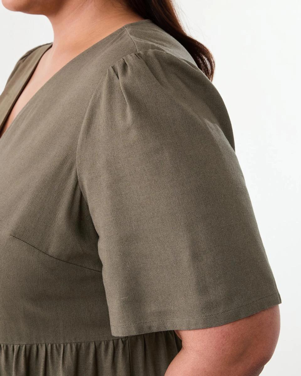 6 Curve Short Sleeve Button Through Midi Dress Deep Olive, 6 of 9