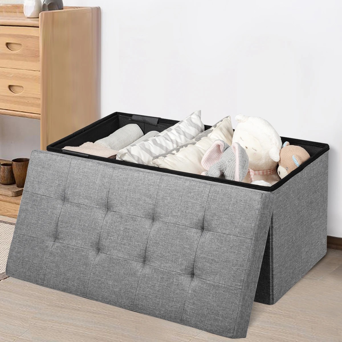 3 Costway Foldable Storage Ottoman Bench Fabric Footrest Stool Collapsible Storage Box - Grey, 3 of 3