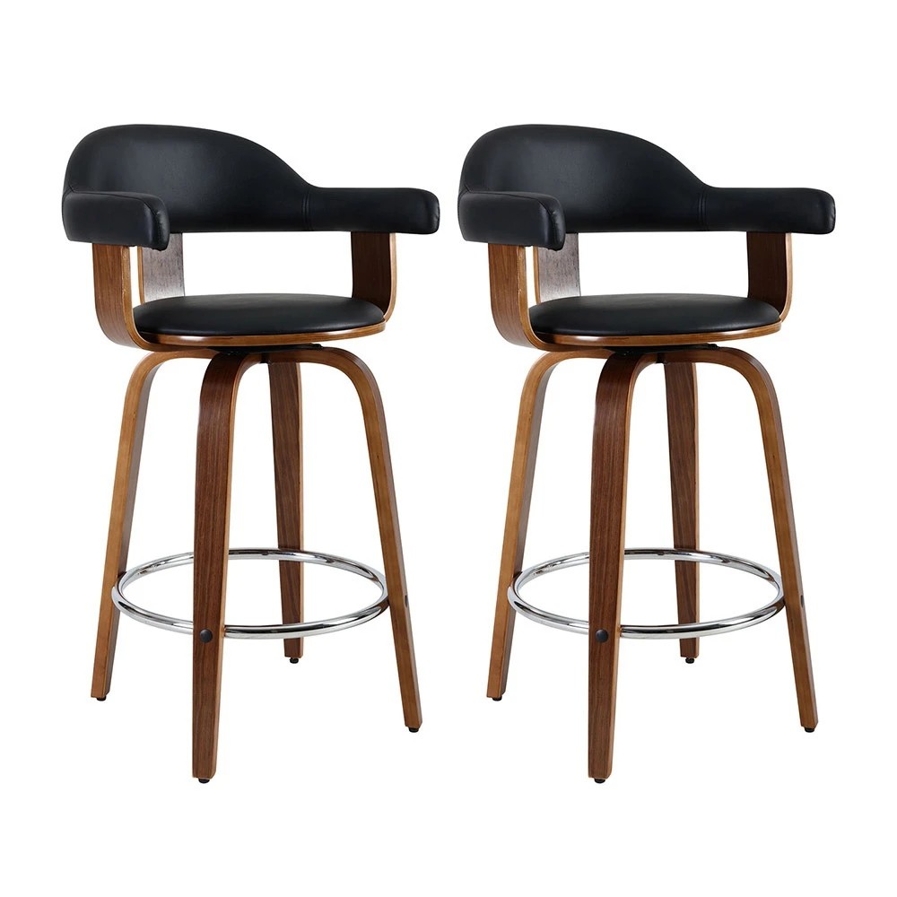 1 Artiss 2x Bar Stools Leather Seat Wooden Legs - Black, 1 of 5