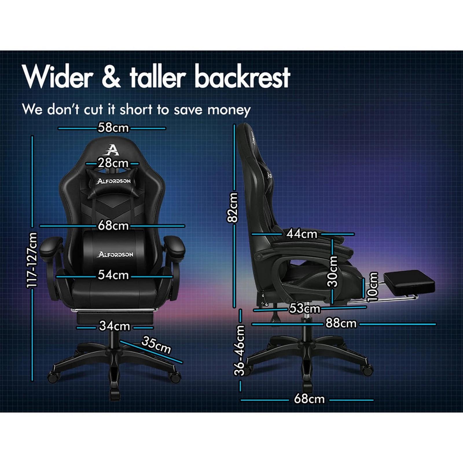 5 Alfordson Gaming Office Chair 12 RGB LED Massage Computer Seat Footrest - Black, 5 of 7