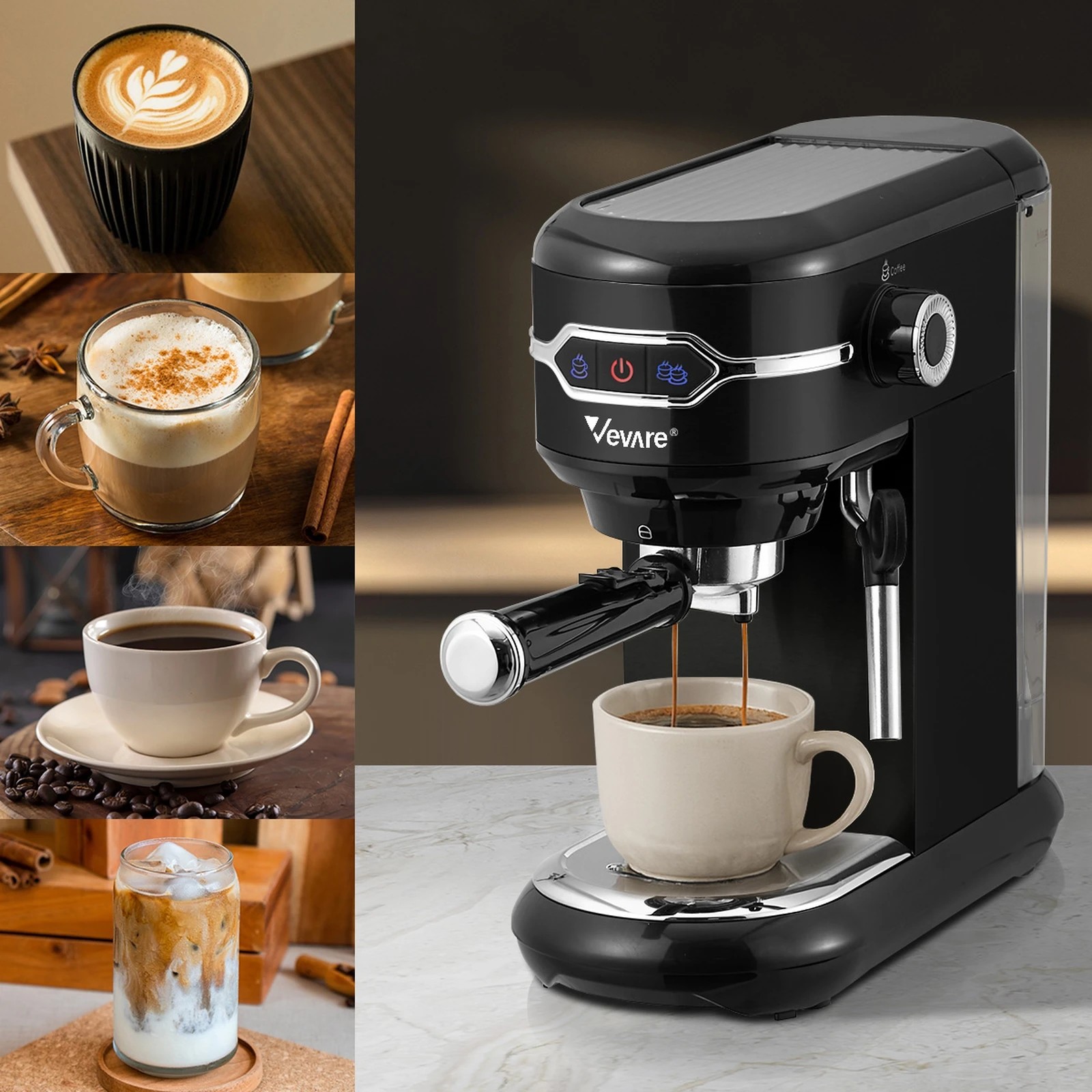 4 Vevare Espresso Coffee Machine Latter Cappuccino Maker 19 Bar Milk Frother - Black, 4 of 8