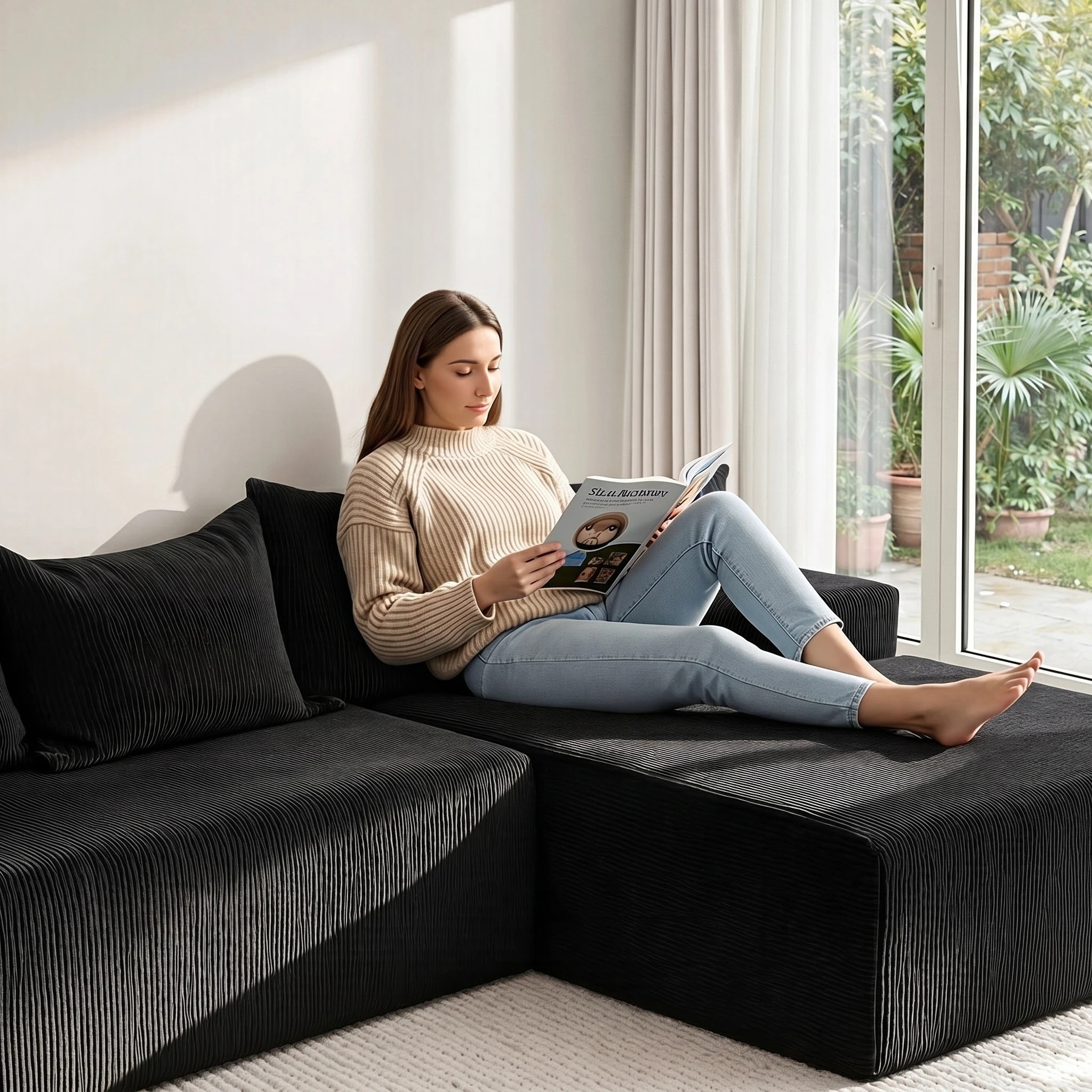 5 Artiss Modular Sectional Sofa Bed Convertible L-Shaped Couch with Deep Seat for - Black, 5 of 10