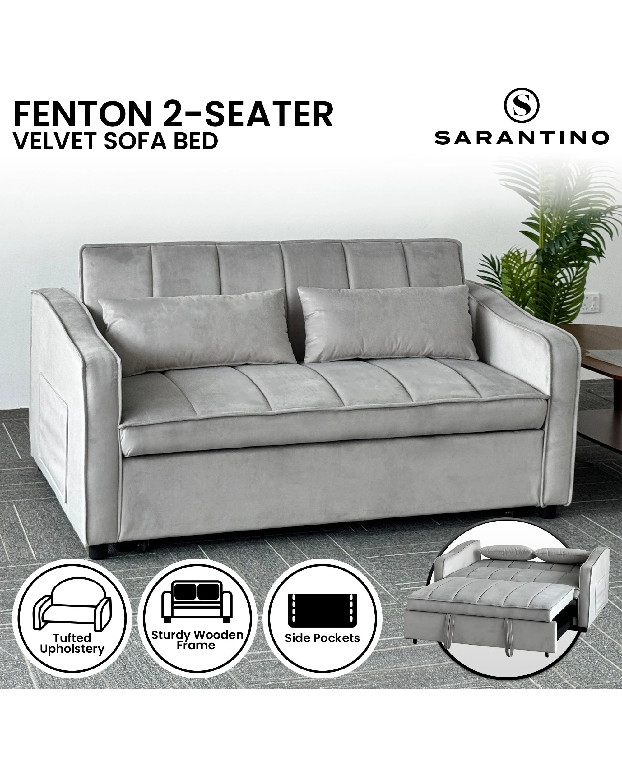 9 Sarantino Fenton Velvet 2-Seater Sofa Bed - Light Grey, 9 of 9
