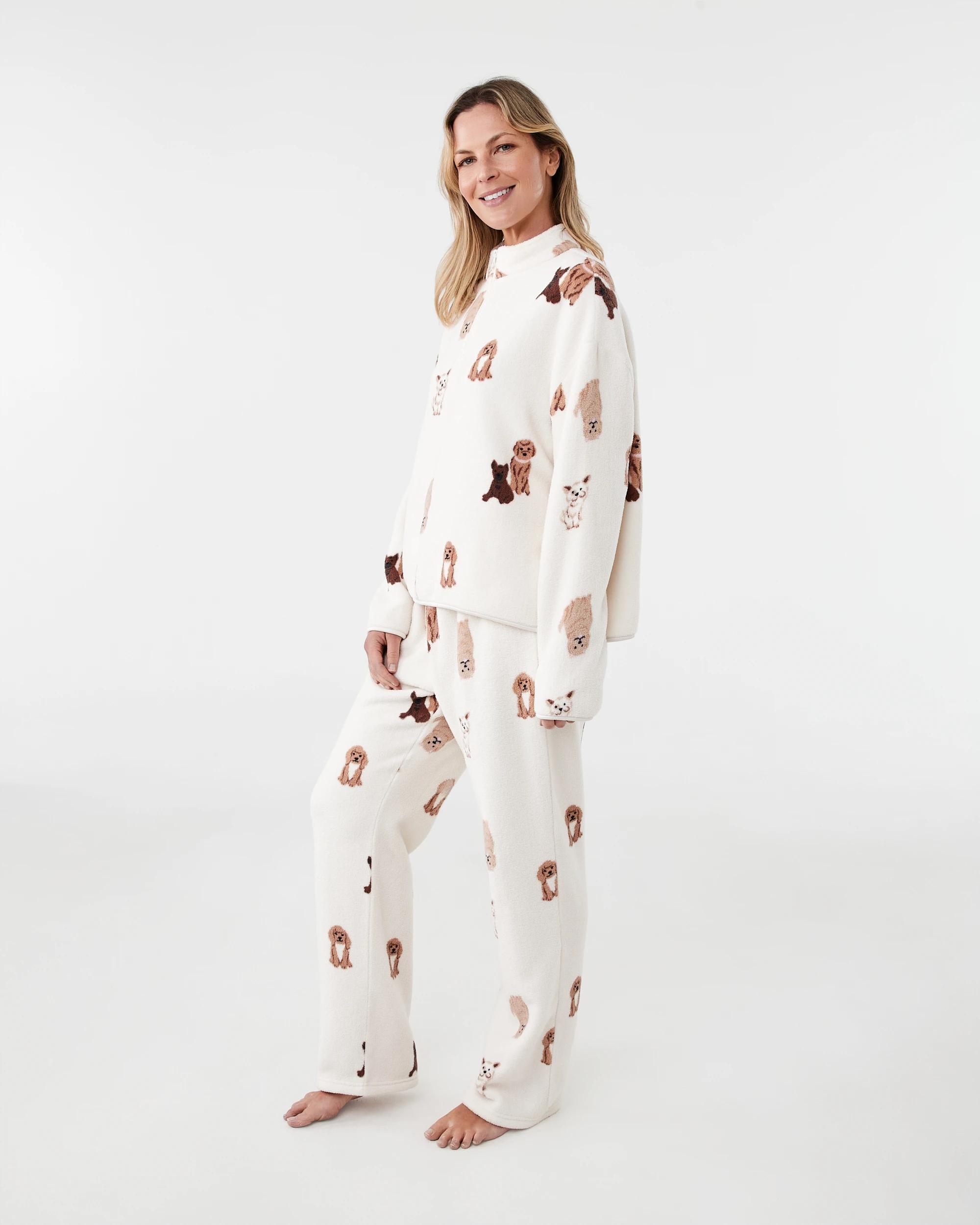 2 Quarter Zip Fleece Long Sleeve Top and Pants Pyjama Set Fluffy Dog, 2 of 6