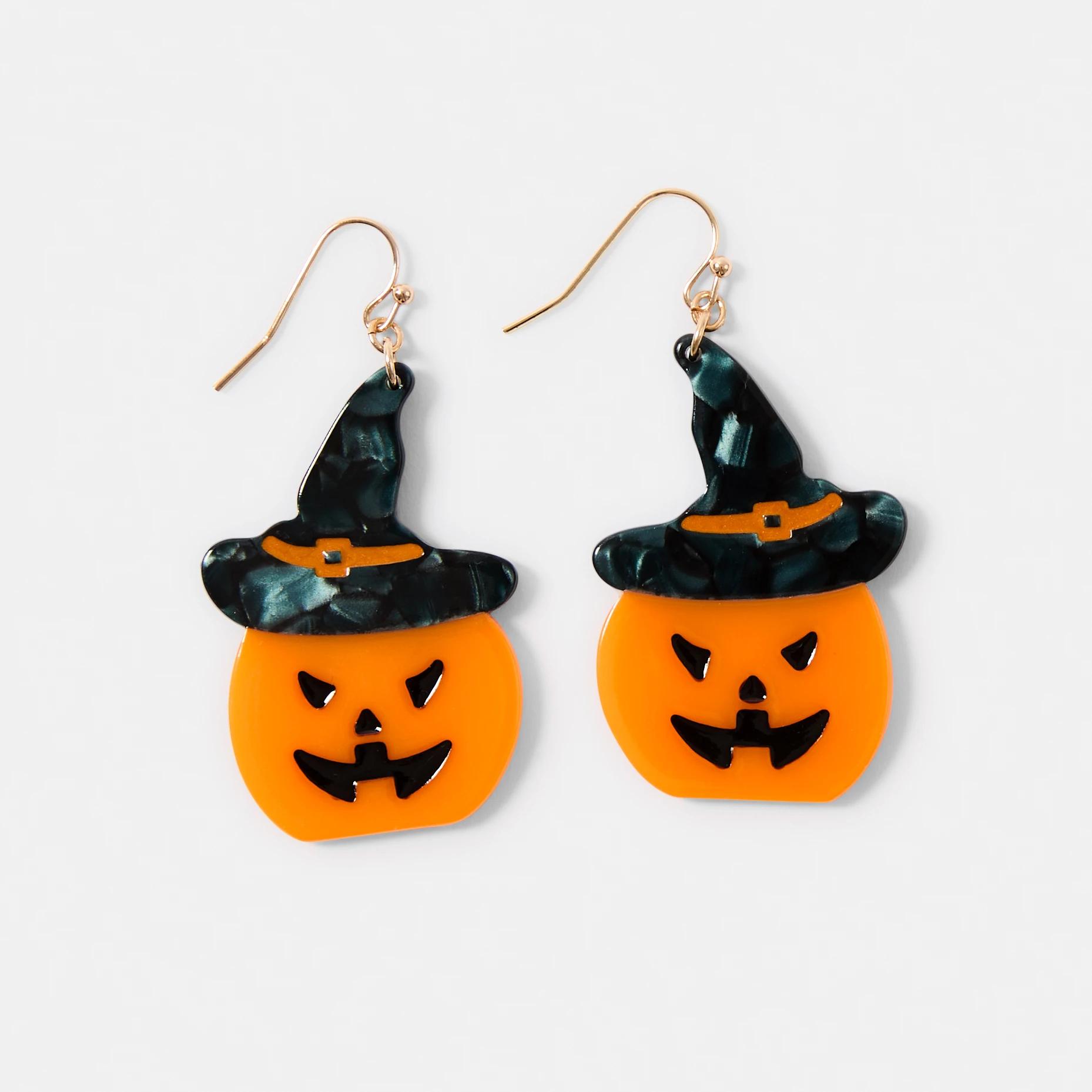 1 Halloween Pumpkin Drop Earrings - Orange, Black and Gold Tone Orange, 1 of 4