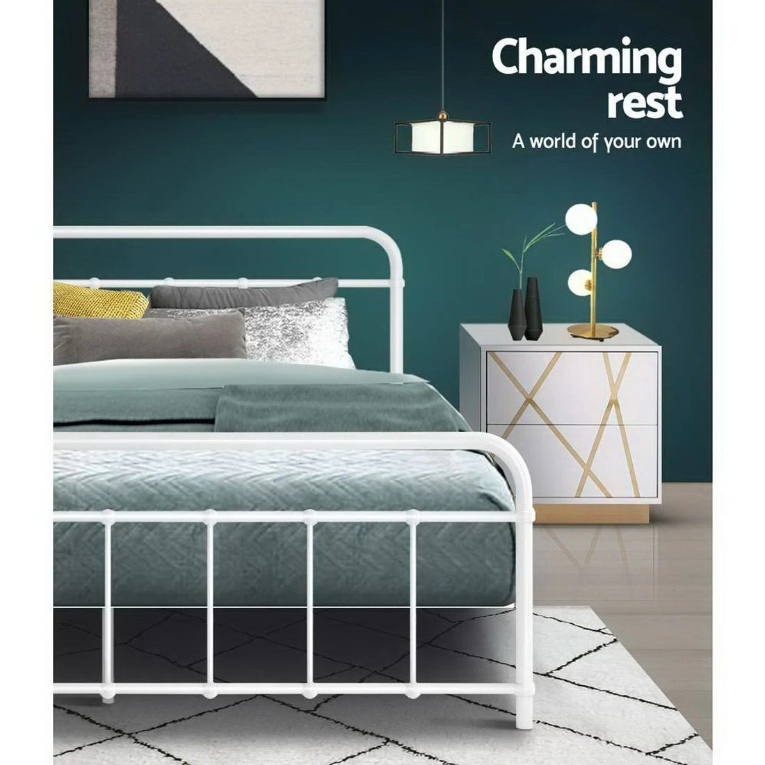 6 Artiss Bed Frame Metal Frames LEO - Queen - White, 6 of 7