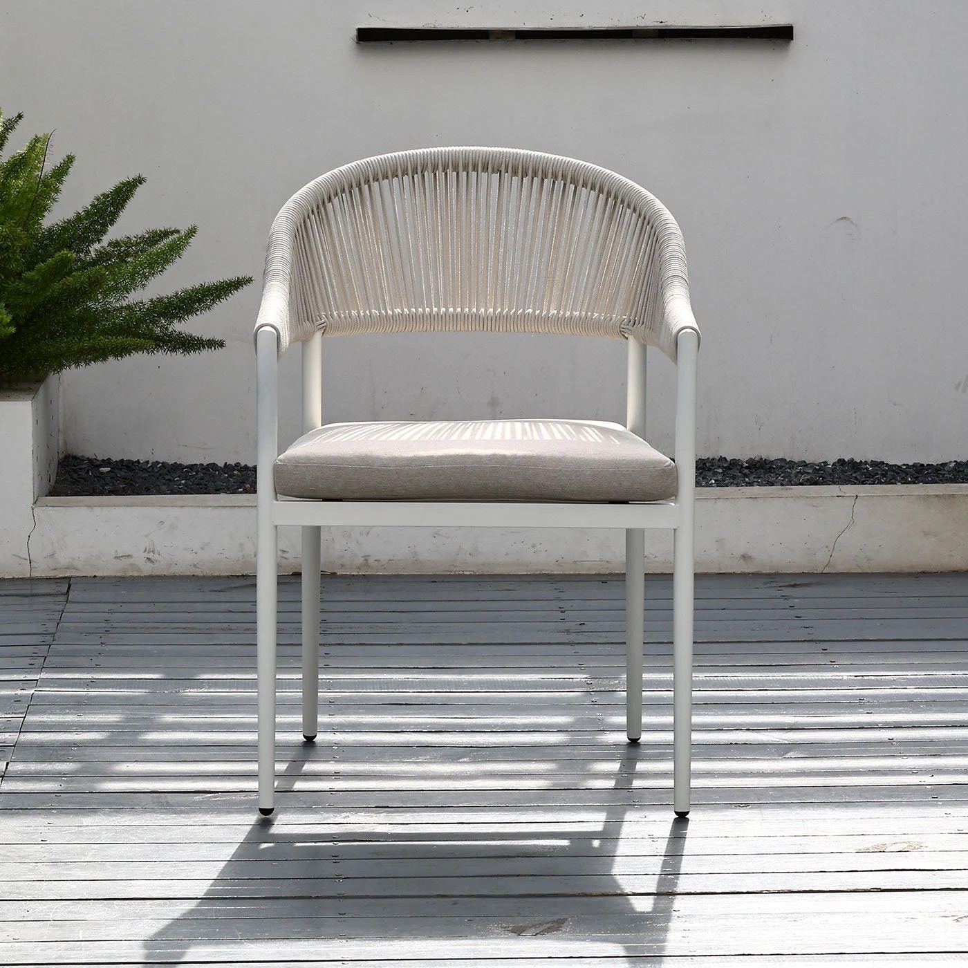 3 Moda Living Fraser White Aluminium Outdoor Dining Chairs with Arms - Beige Rope and Cushion (Set of 4) - White, 3 of 10