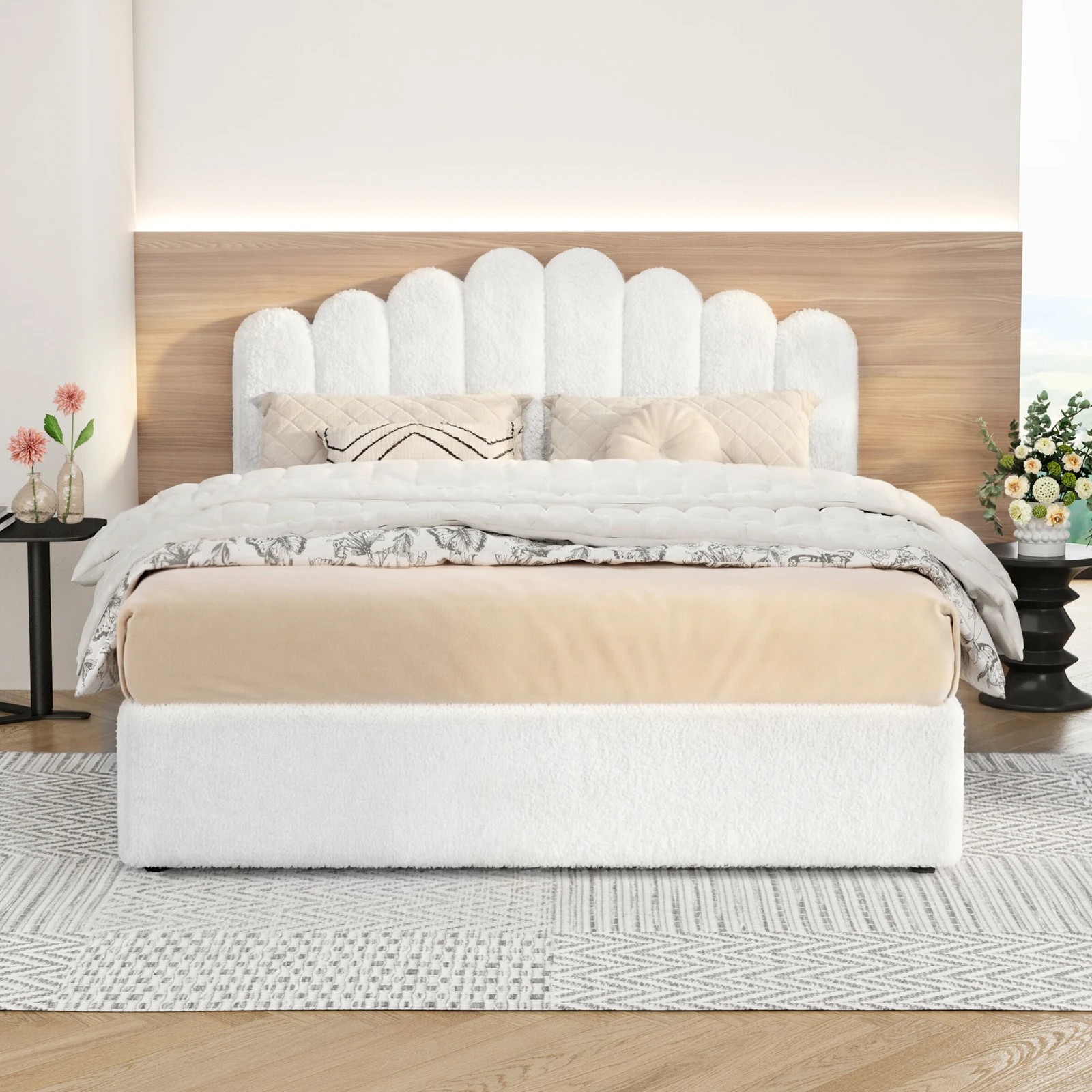 3 Alfordson Bed Frame Queen Size Gas Lift Storage Base Wooden Boucle Mutis - White, 3 of 9