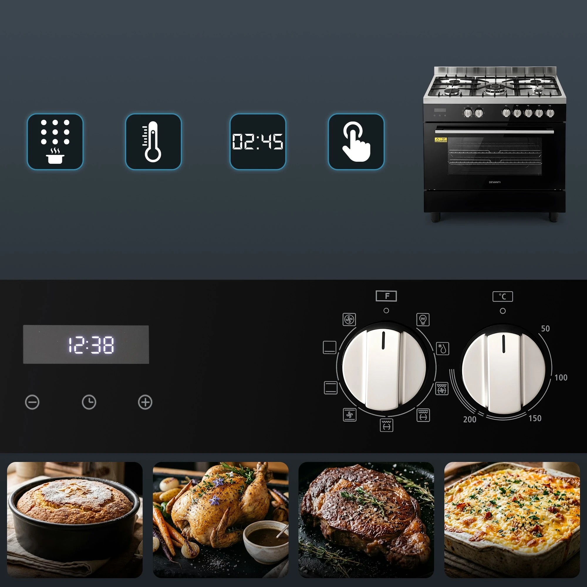 7 Devanti 90cm Dual Fuel Oven Cooker Gas Cooktop Electric Oven - Black, 7 of 9