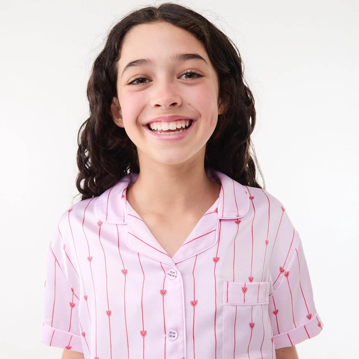 3 Short Sleeve Satin Pyjama Set PINK STRIPE HEARTS, 3 of 6
