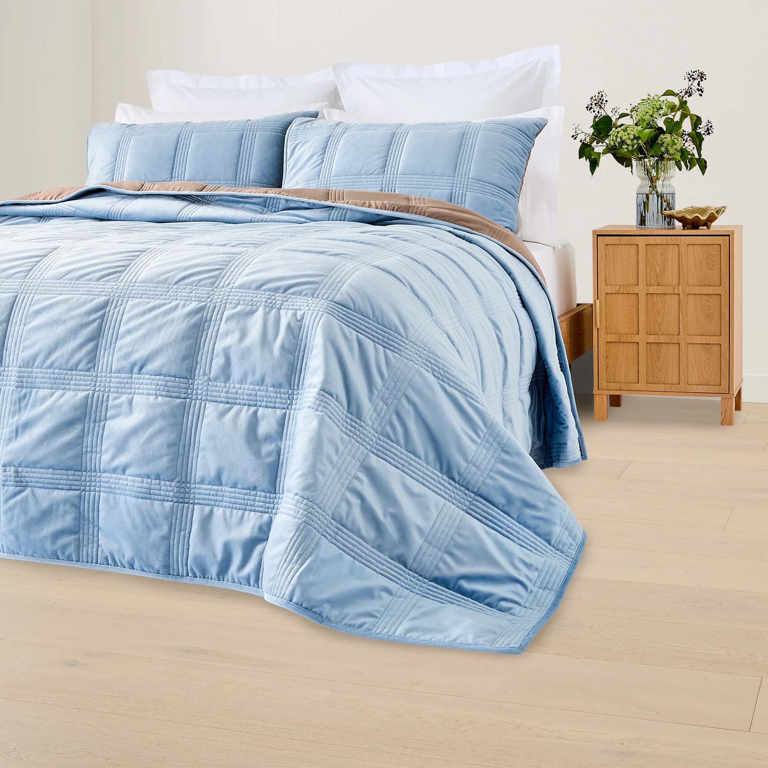 3 Velvet Reversible Coverlet Set - Queen/King Bed, Blue, 3 of 9