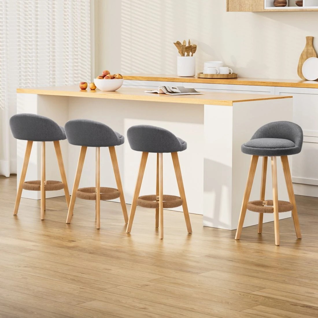 1 Artiss 4x Bar Stools Padded Linen Wooden - Grey, 1 of 7