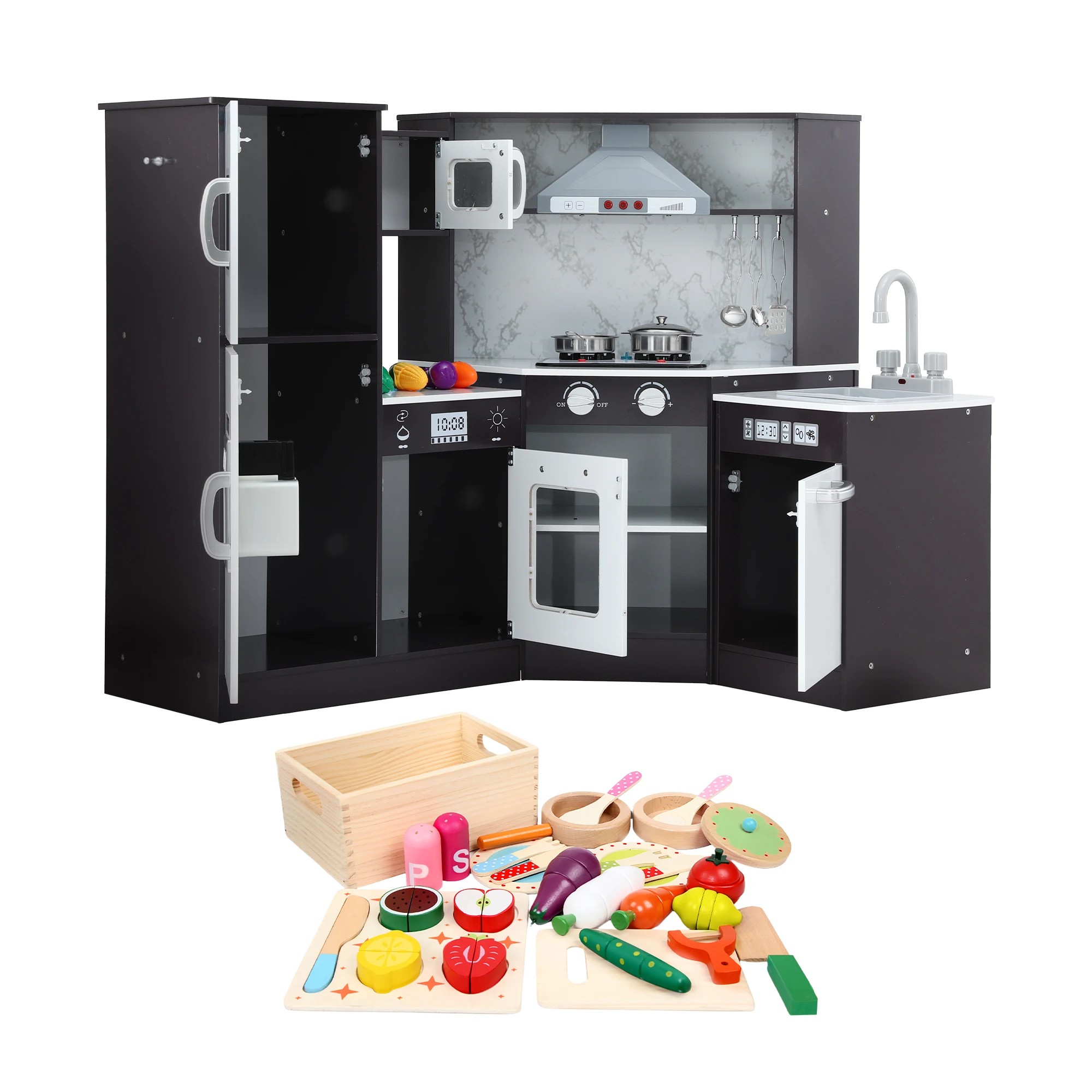 2 Keezi Kids Wooden Kitchen Playset 29pc Food Set Black White - Multi, 2 of 8