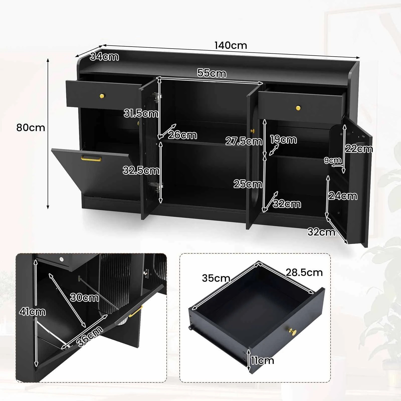 2 Costway 1.4m Buffet Cabinet Kitchen Island Tilt Out Trash Can Sideboard - Black, 2 of 3