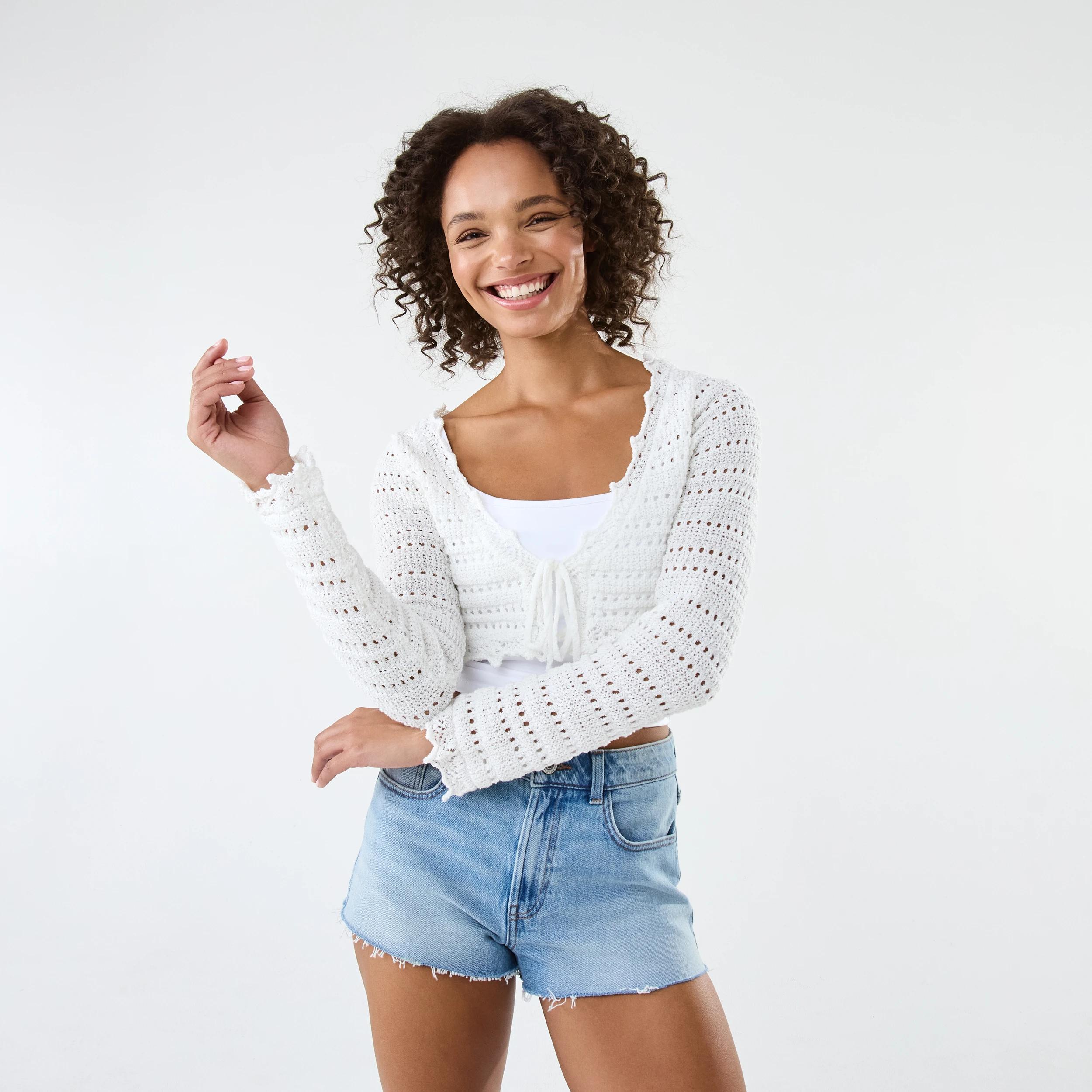 8 Long Sleeve Cropped Tie Cardigan Cld White, 8 of 8