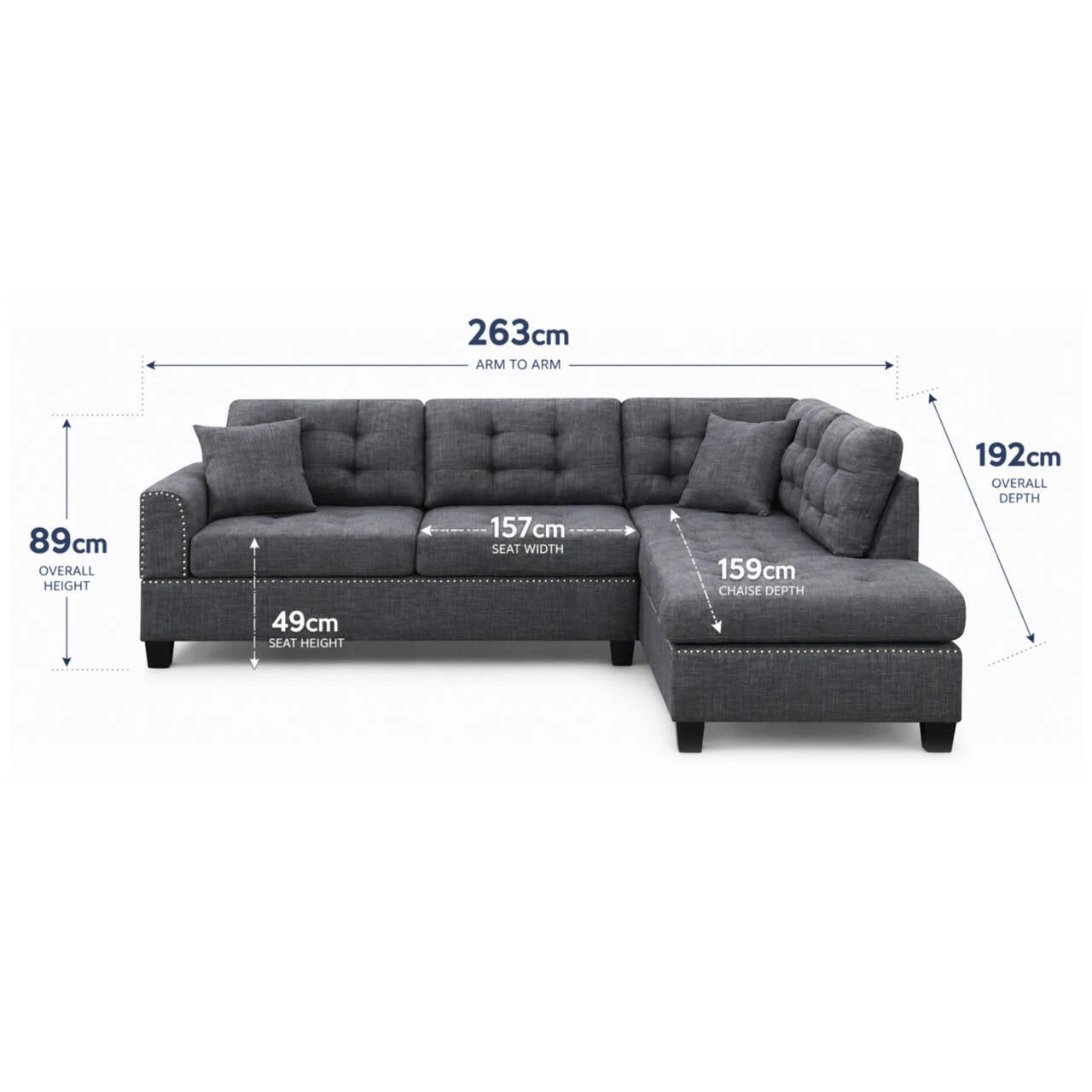 4 Foret 263cm L Shape Fabric Corner Sofa Chaise Lounge 4/5 Seater Dark Grey, 4 of 8