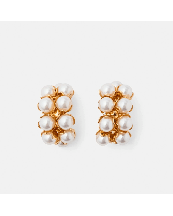 2 Rows Faux Pearl Hoop Earrings - Gold Tone and White