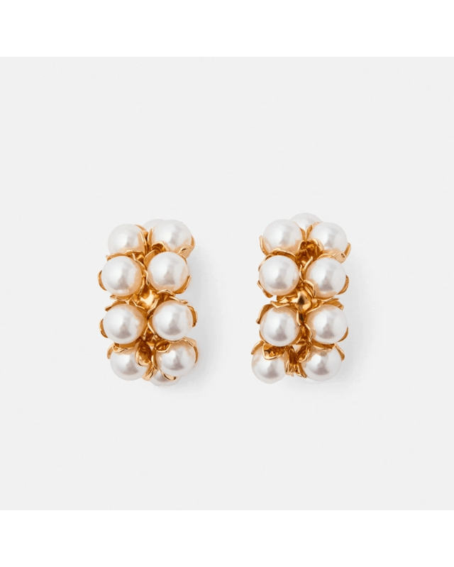 2 Rows Faux Pearl Hoop Earrings - Gold Tone and W