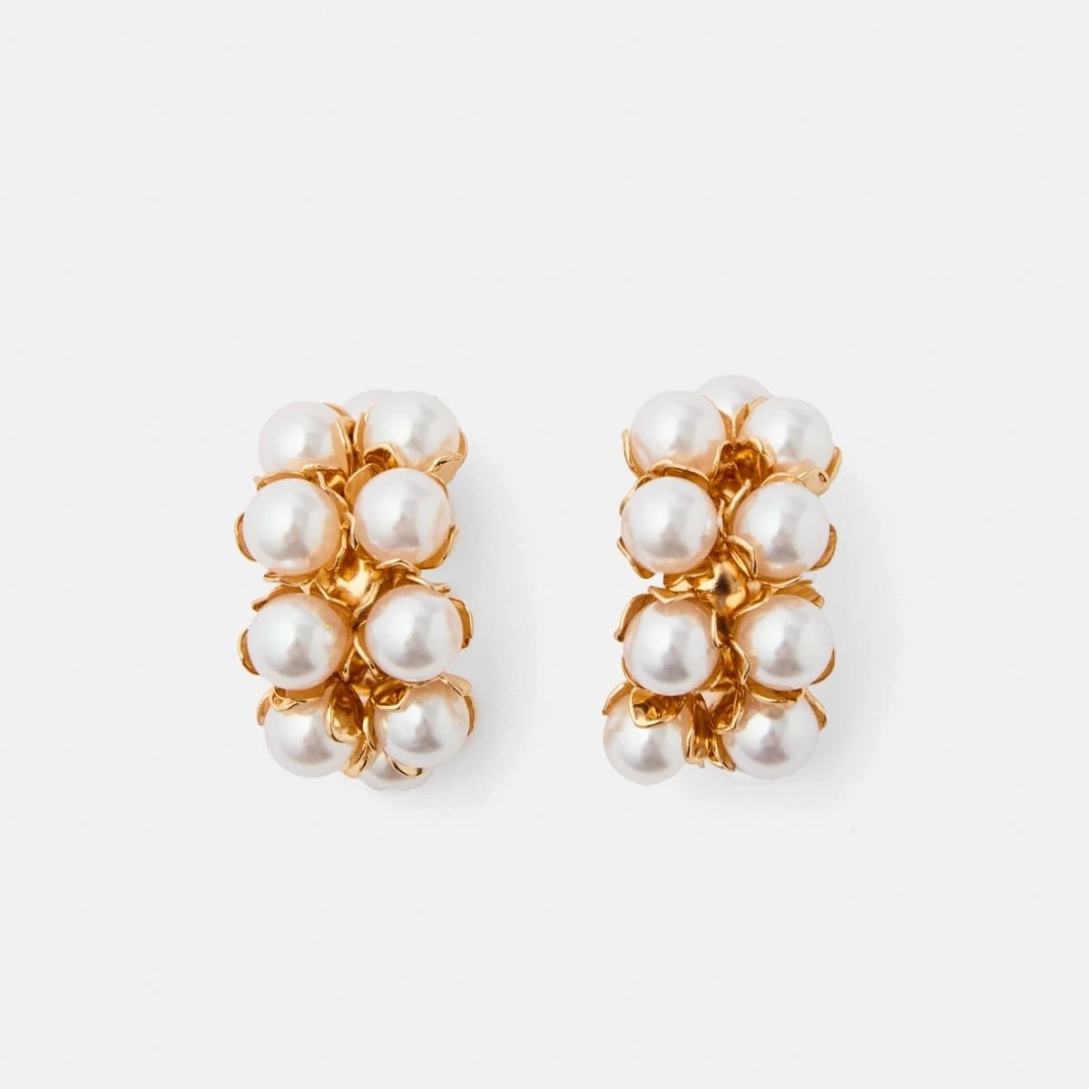1 2 Rows Faux Pearl Hoop Earrings - Gold Tone and White, 1 of 5